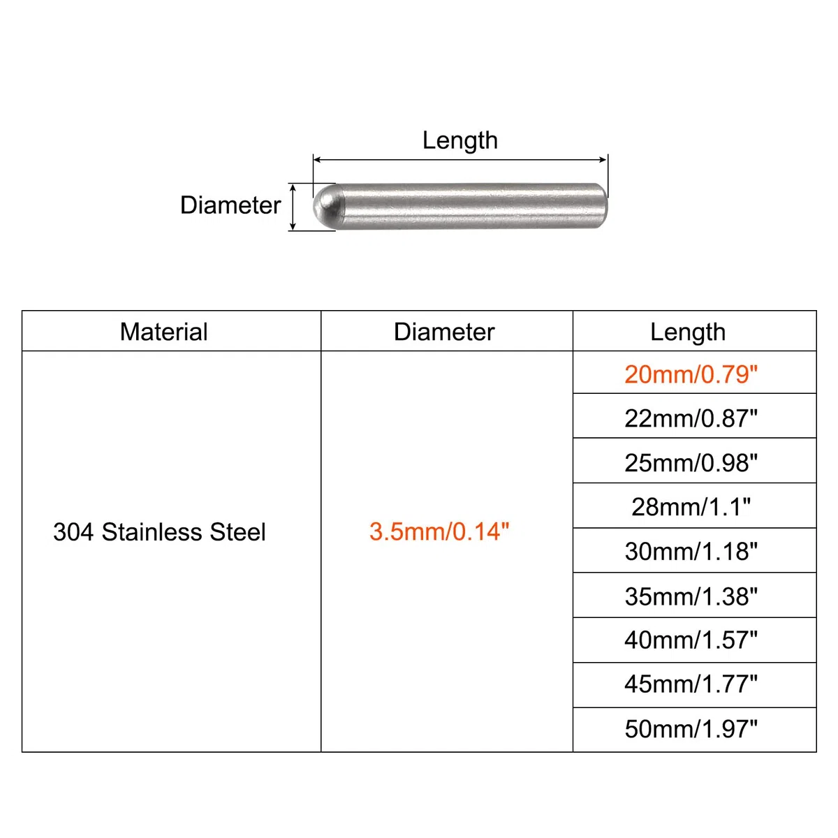 sourcing map 50 Stück Zylinderstifte 3,5x20mm Passstifte 304 Edelstahl Rundkopf Flachbefestigungselemente