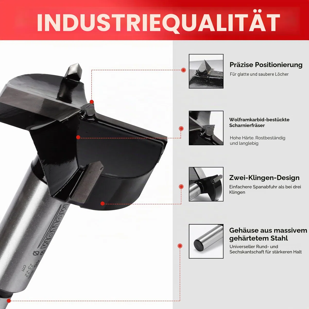 Mollom 21mm (13/16") Forstnerbohrer mit langlebiger YG8 Hartmetall-Dicke von 2,0mm für präzise Holzbearbeitung. Ideal für Hartholz, Kunststoff und Sperrholz