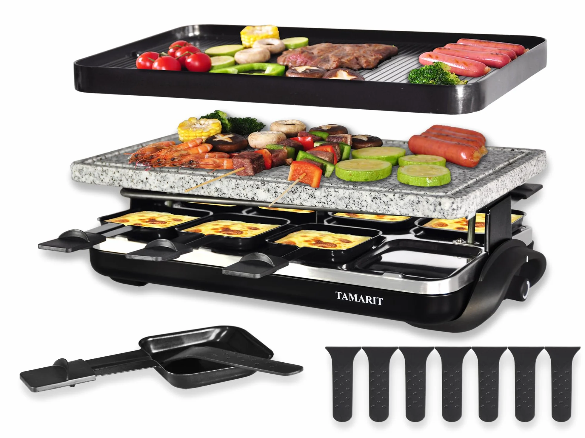 TAMARIT Raclette Grill with Extra Stone Plate, Indoor Electric Table Grill | Dual grill: reversible cast Aluminum plate and granite stone plate, 8 nonstick cheese trays, 1500W, for family parties