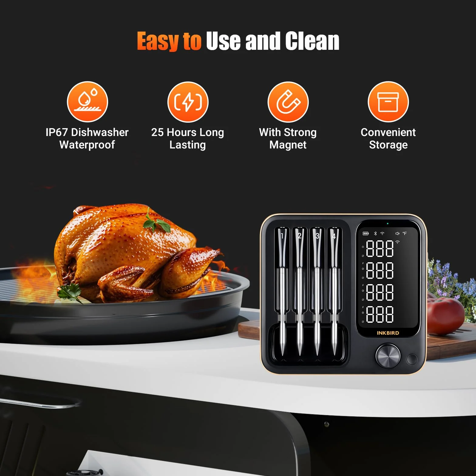 4-Probe WiFi Wireless Meat Thermometer with 360°Readable LCD Standalone Base, WiFi and Bluetooth 5.3 Unlimited Range, IPX8 Waterproof Food Kitchen Thermoemter for BBQ, Grill, Smoker, Oven, Rotisserie