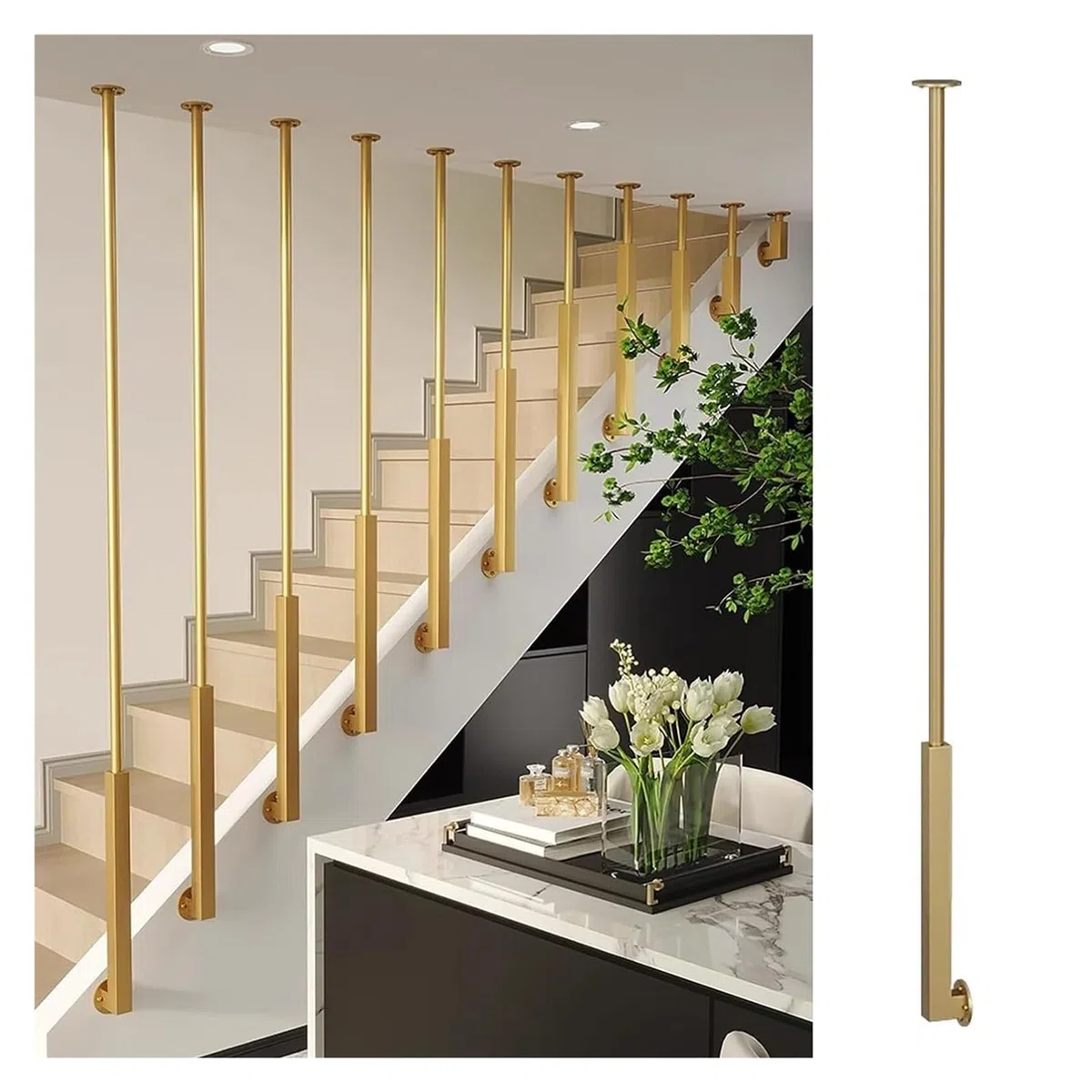 Goldene Metall-Treppen-Handläufe – langlebige Eisen-Baluster & Montageset für ebene / schräge Treppen – stilvolle Sicherheitslösung für Heimdekoration und Treppenverstärkung