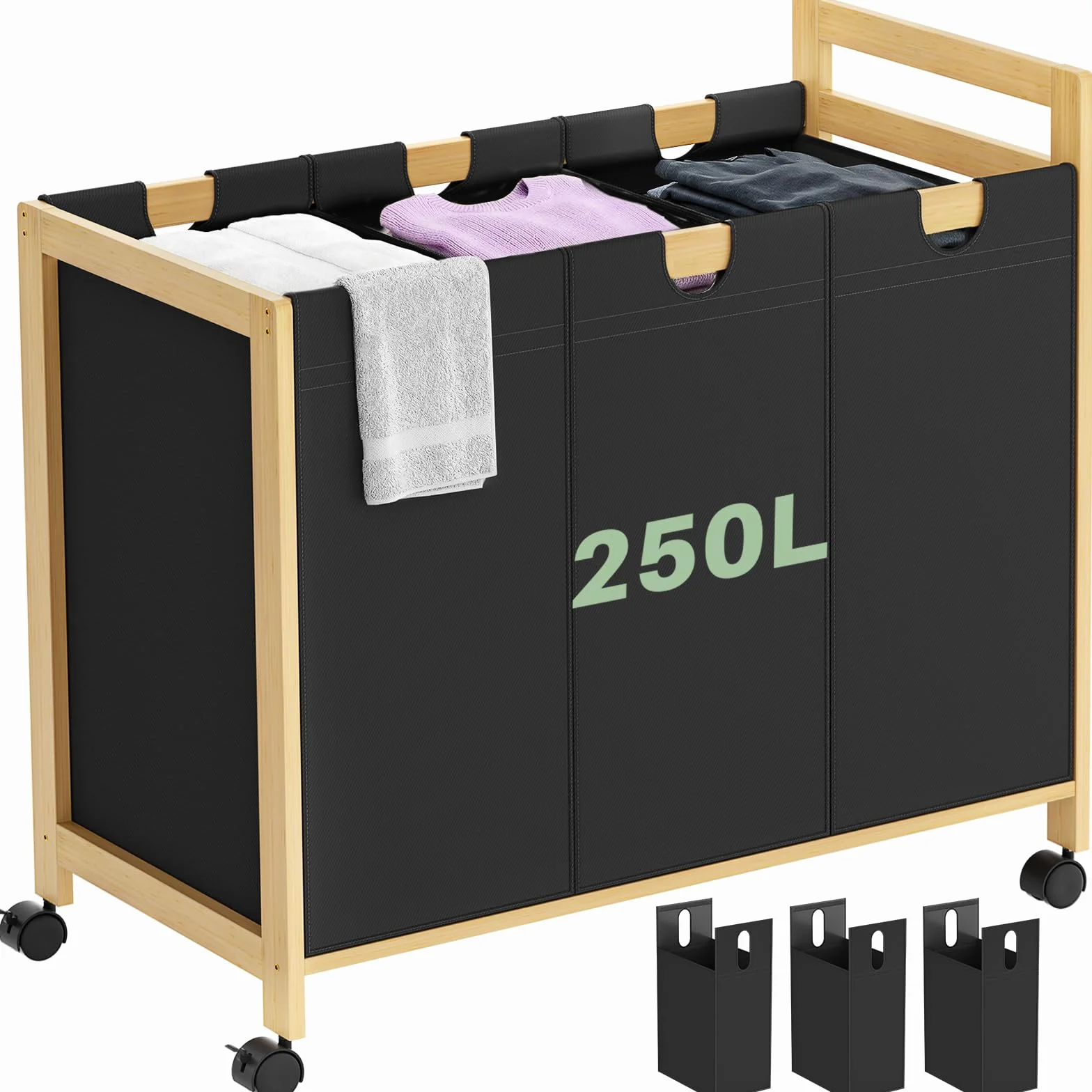 250L Laundry Sorter Cart with Wheels, 3-Section Rolling Laundry Basket with Removable Bags, 66 Gal Large Laundry Hamper Organizer, Heavy Duty Bamboo Frame, Water-Resistant, Black