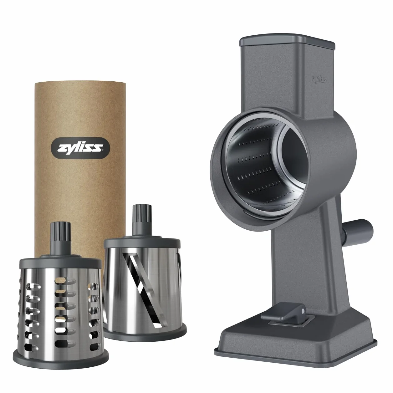 Zyliss Rotary Cheese Grater - Includes Universal & Gourmet Drums for Grating Cheese, Vegetables, Chocolates, Nuts & Fruits - Includes Non-Slip Suction Foot and Table Clamp - 2 Steel Drums