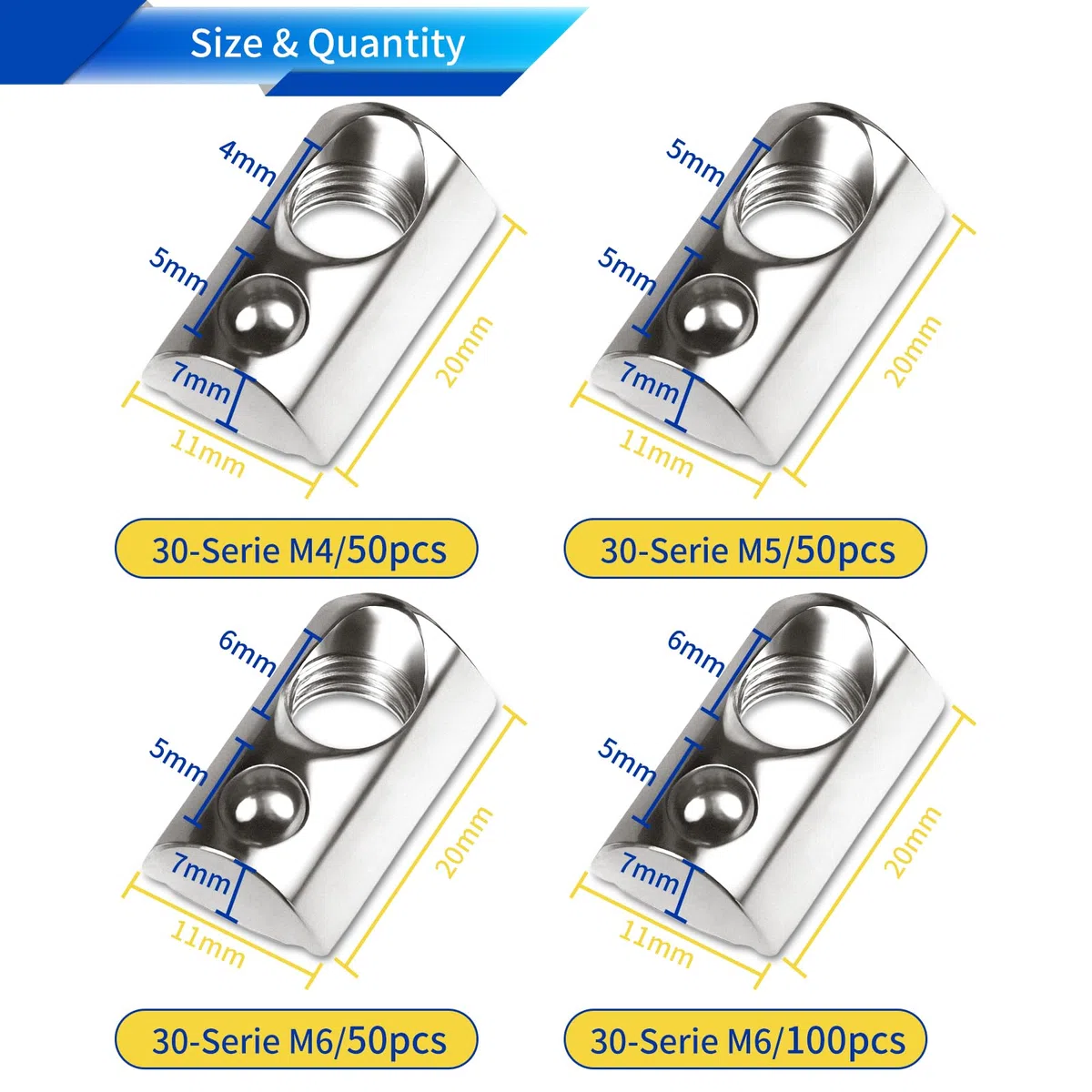 50 Stück Nutensteine M6 Nut 8 T Nutsteine Schrauben 30-Serie M6 Aluprofil 30x30 Vernickeltem Kohlenstoffstahl Gleitmutter mit Federkugel für Alu C Profil 3D Drucker CNC Europanorm (Silber)