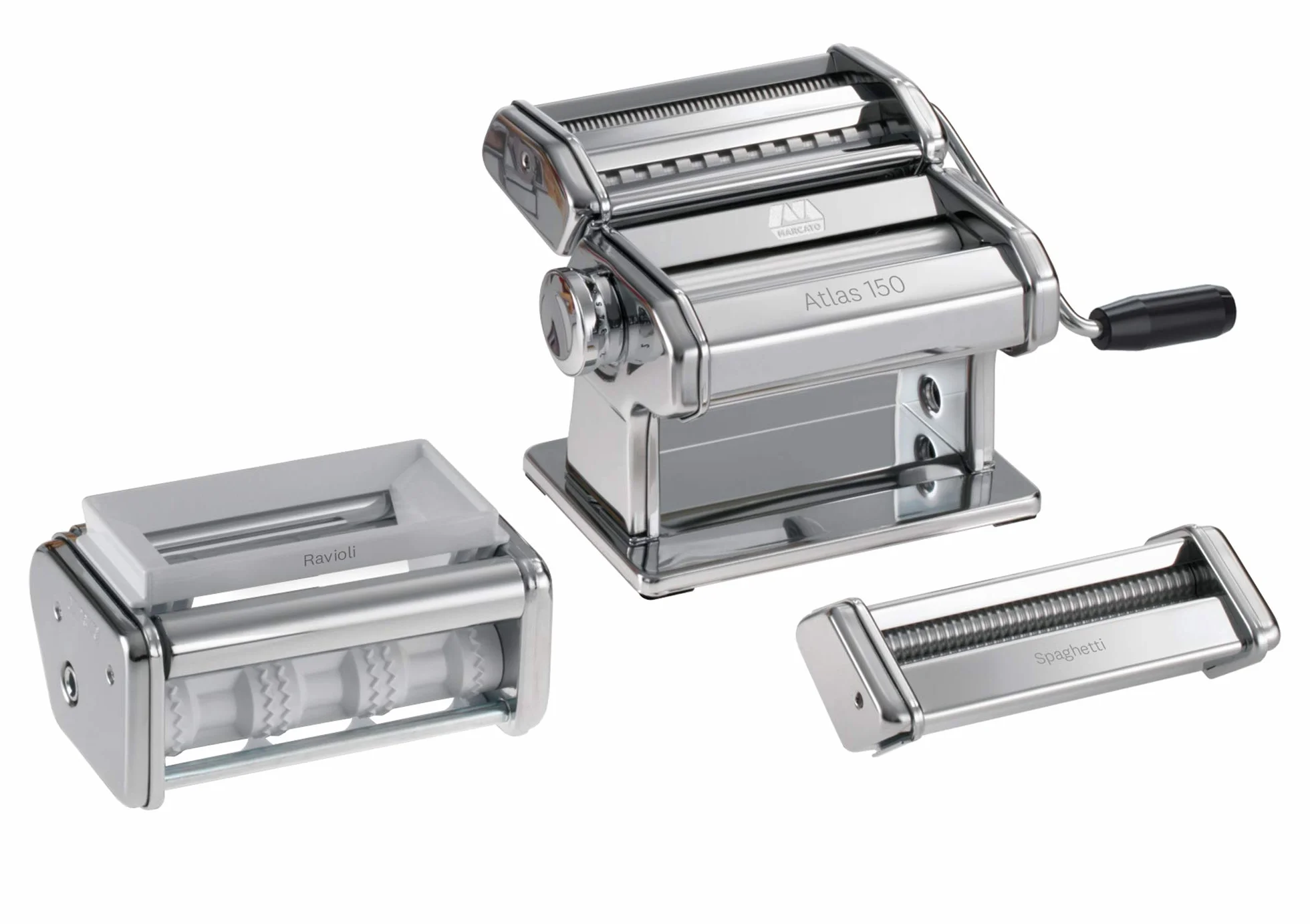 MARCATO Made in Italy PASTASET Pasta Machine Gift Set, Chrome Steel. Includes Atlas 150 Pasta Machine, Ravioli & Spaghetti Attachments.
