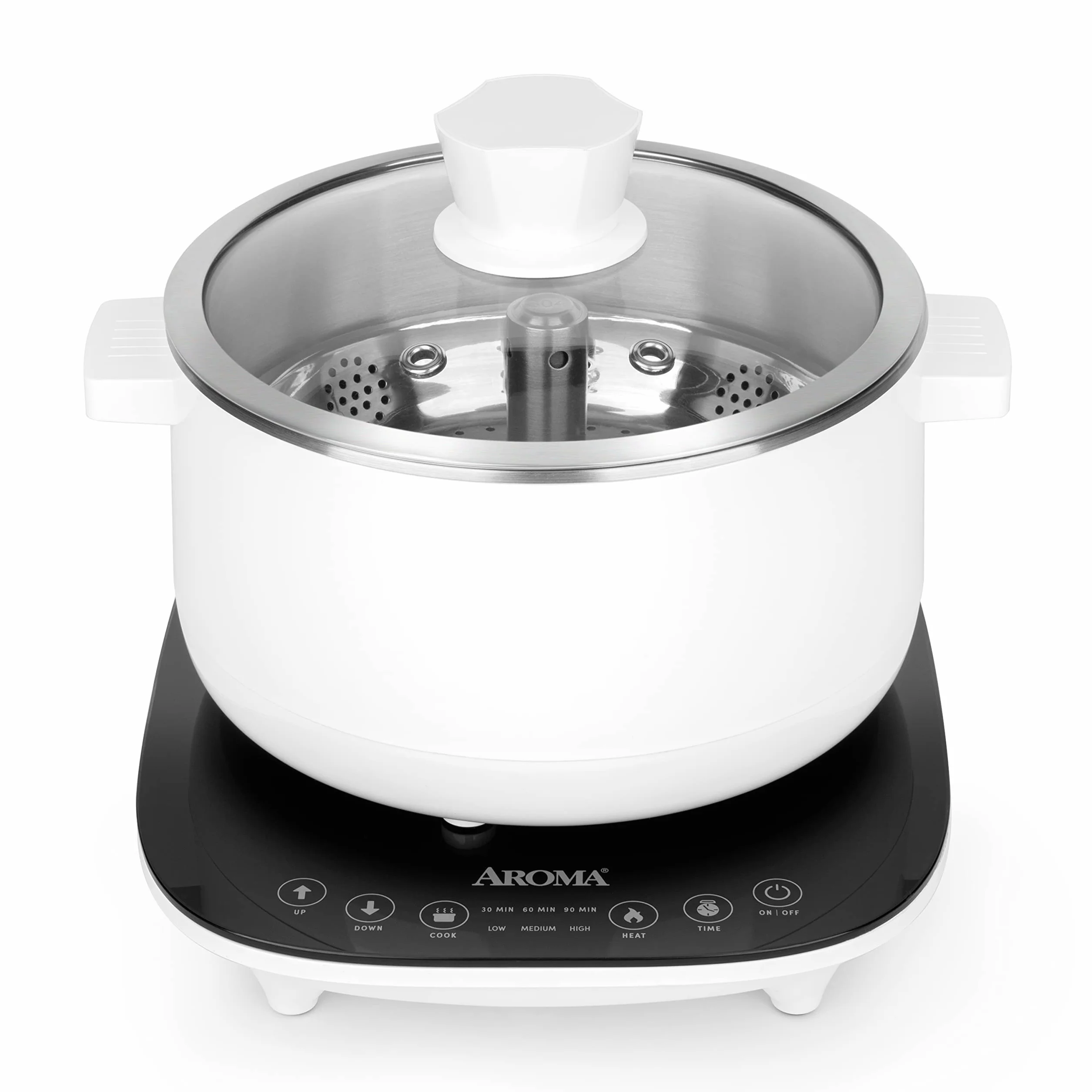 Aroma Housewares 2.5-Liter Smart Electric Hot Pot & Rapid Boil Steamer with Automatic Stainless Steel Steamer Basket Lift, White, ASP-700