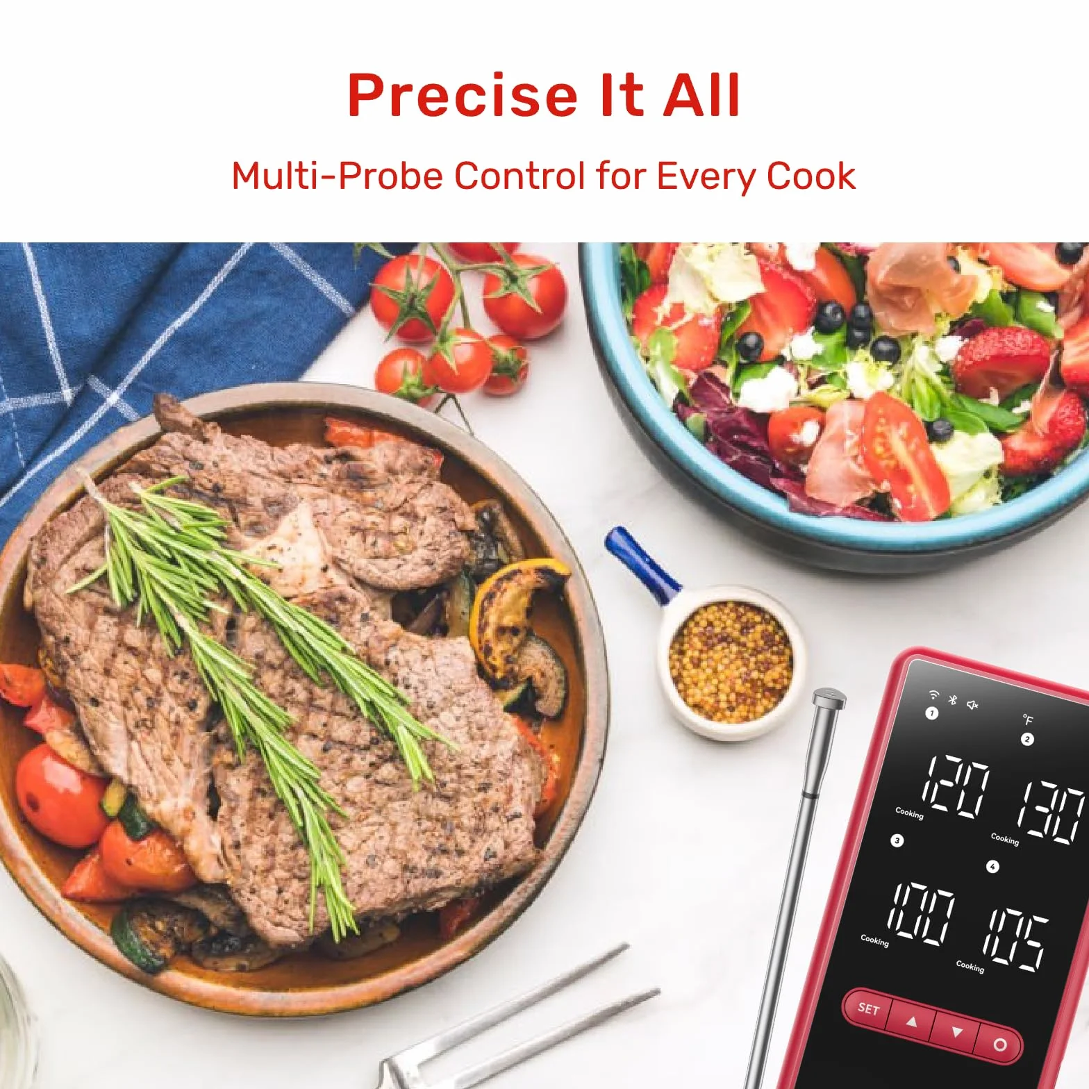 Bluetooth Meat Thermometer Wireless, 4 Probes, Standalone Base | 6 Sensors With ±0.18°F Accuracy, WiFi, IP69 Waterproof, AI-Guided Cooking, for Kitchen, BBQ, Grill, Oven, and Smoker
