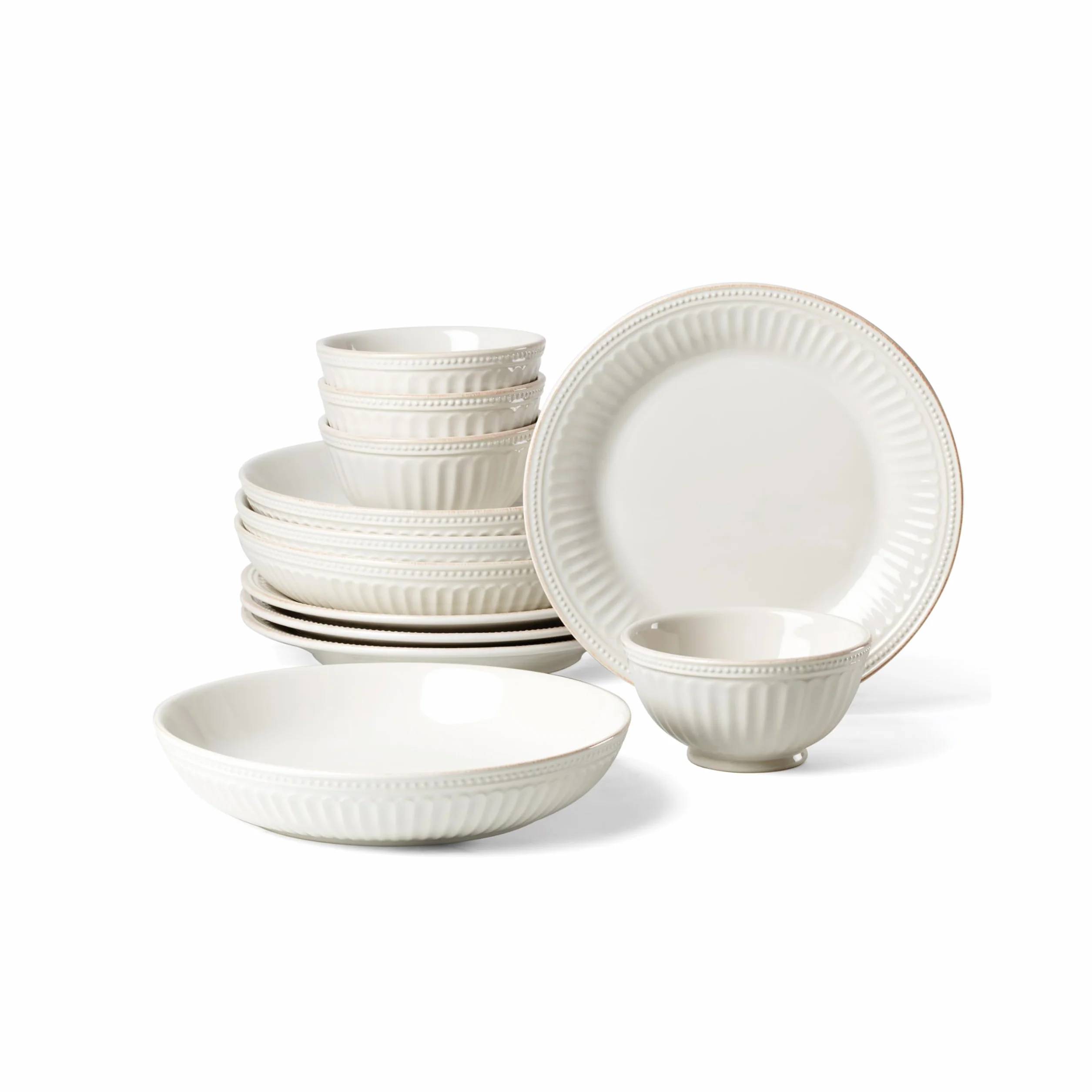 Lenox French Perle Groove White Stoneware Dinnerware Set with Dinner Bowls | dishwasher safe, microwave safe | plates and bowls sets for kitchen and dining | 11 inch plate, dish set