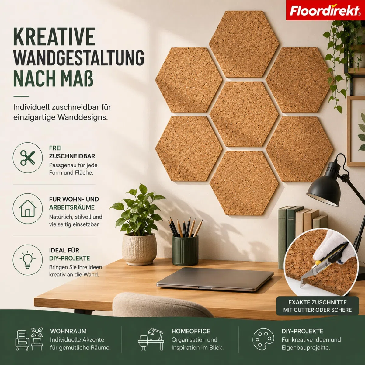 Floordirekt Rollenkork 100 x 100 cm, 2 mm - Natürliche Dämmunterlage - Vielseitig einsetzbar - Schall- und wärmeisolierend