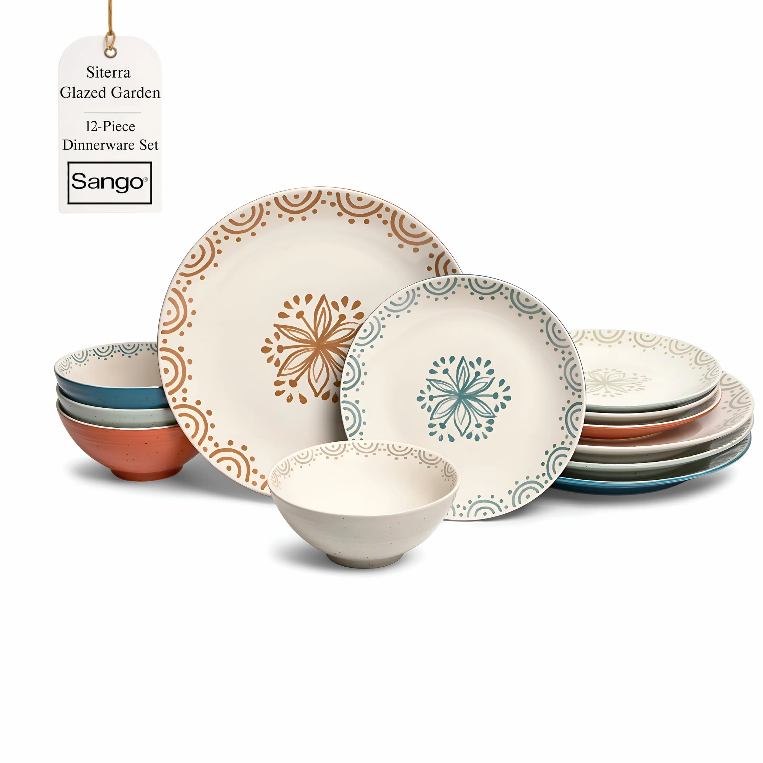 Sango 12-Piece Speckled Stoneware Dinnerware Set for 4- Glossy Plates and Bowls Set with Hand-Painted Floral Pattern, Rustic Ceramic Dish Set, Elegant Dishes for Everyday Dining, Siterra Glazed Garden
