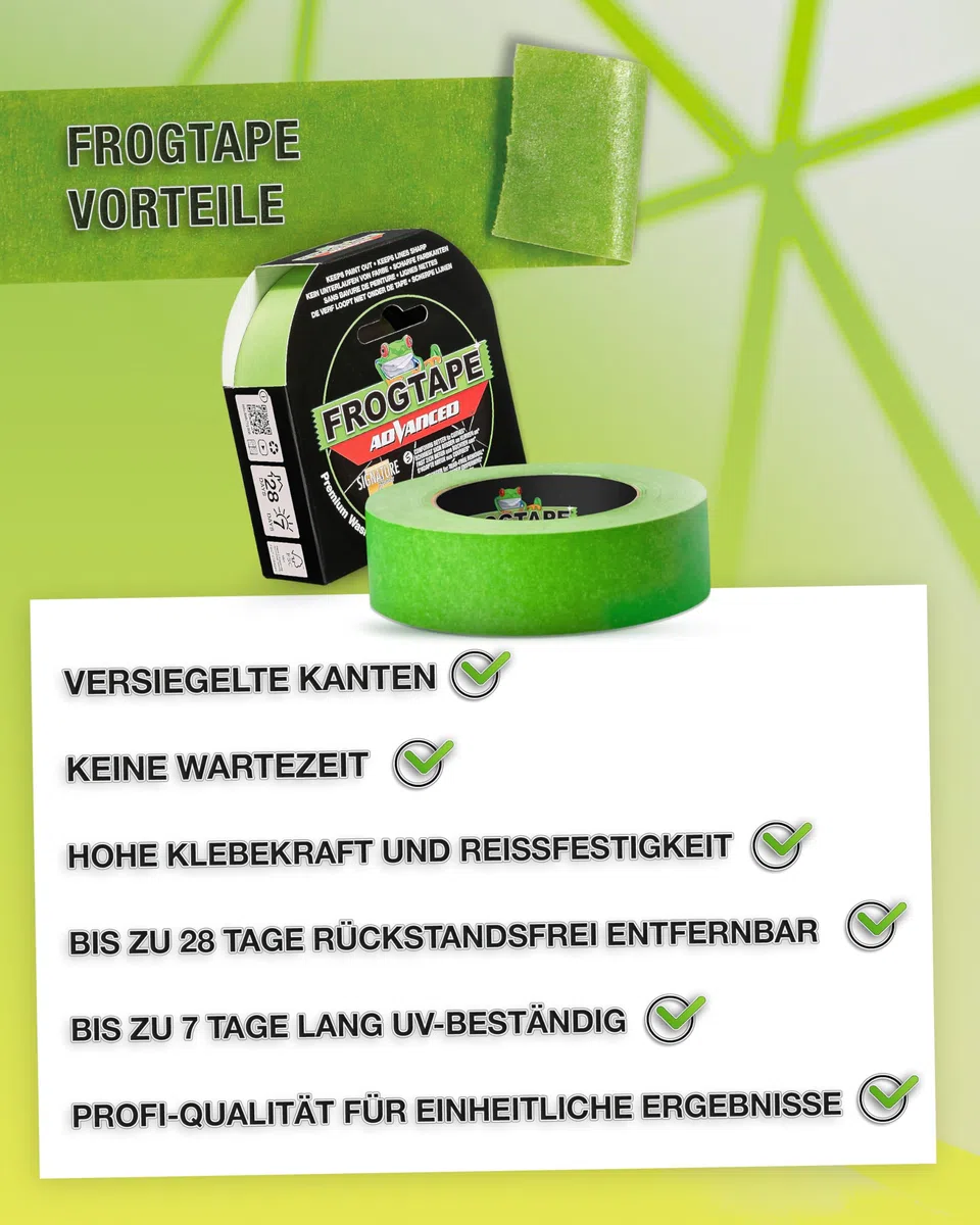 FrogTape Advanced Washi Malerband, Innen & Außen, 36mm x 41,1m | PaintBlock, UV-beständig, scharfe Kanten, rückstandslos, Malerkrepp, Feinkrepp