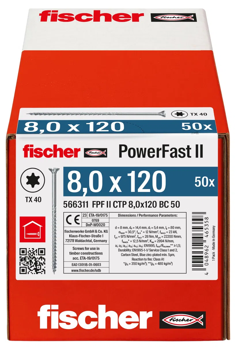 fischer PowerFast II CTP 8,0 x 120, kraftvolle Holzbauschraube mit Senkkopf, Innenstern-Aufnahme und Teilgewinde, für den konstruktiven Holzbau, 50 Stk.