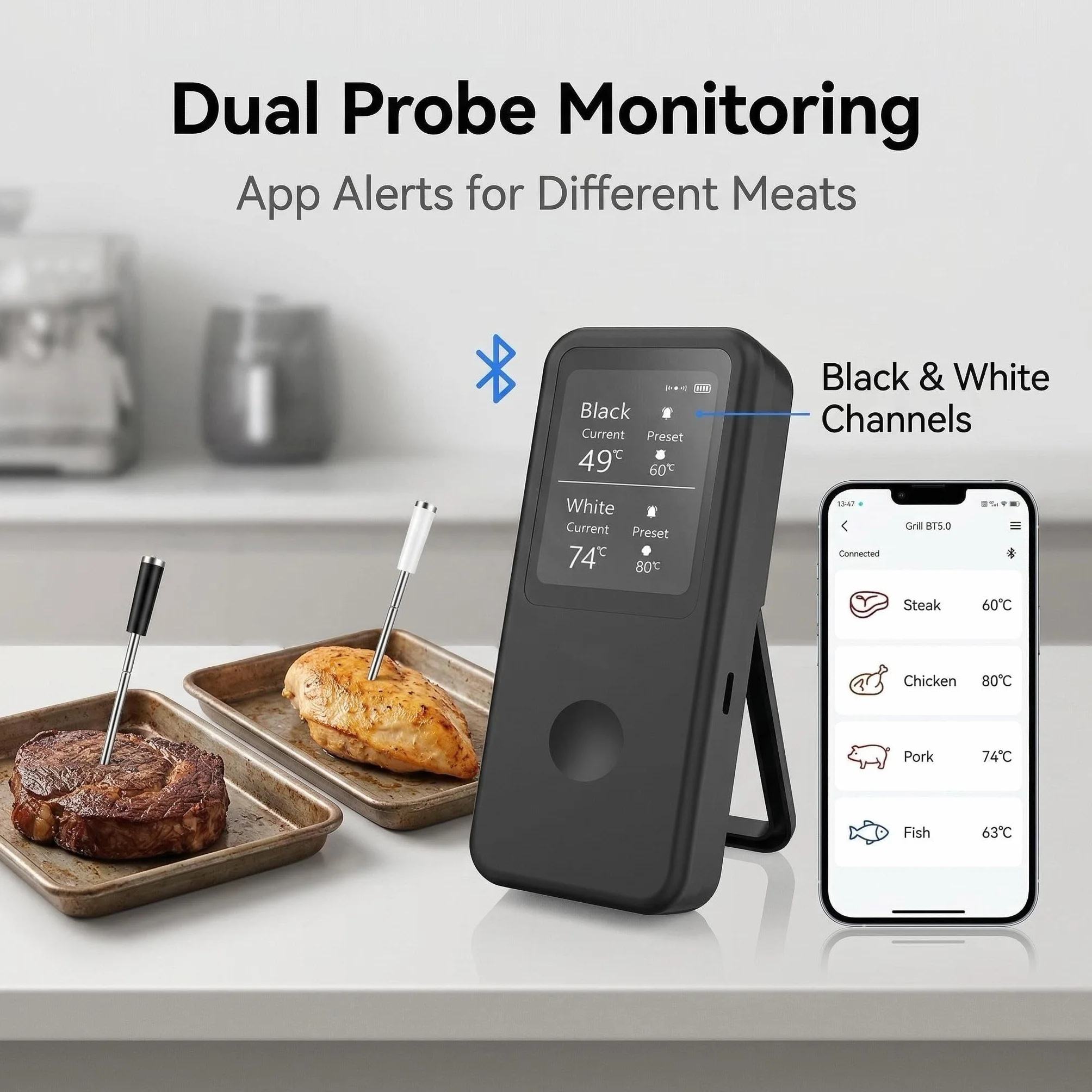2.4 Inch Wireless Meat Therm游戏副本 with Dual Probes, Bluetooth Meat Thermometer with 500FT Range, 400°C Heat-Resistant Probe, Smart App with 12 Presets for Grilling BBQ Oven Smoker