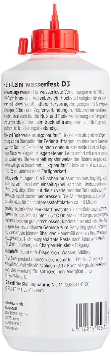 Baufan Holzleim D3, wasserfest & für alle handelsüblichen Holzarten, 1 kg, transparent