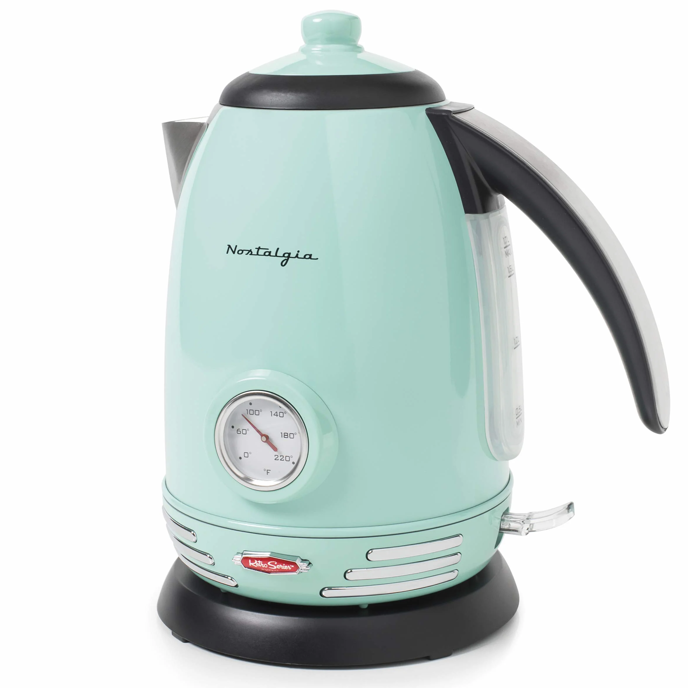 Nostalgia Retro Stainless Steel Electric Tea And Water Kettle, 1.7 Liters, Auto-Shut Off & Boil-Dry Protection, Water Level Indicator Window, Aqua