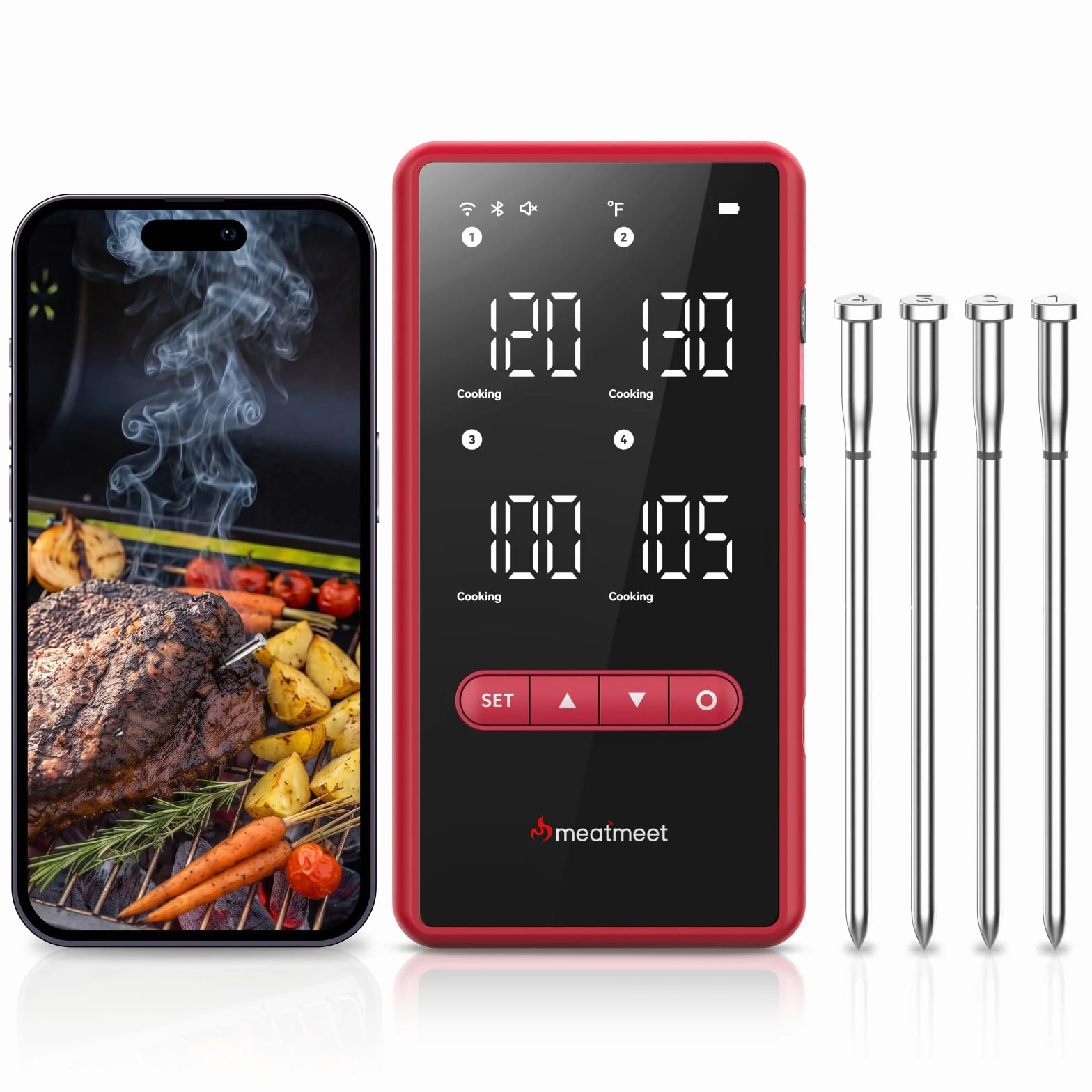 Bluetooth Meat Thermometer Wireless, 4 Probes, Standalone Base | 6 Sensors With ±0.18°F Accuracy, WiFi, IP69 Waterproof, AI-Guided Cooking, for Kitchen, BBQ, Grill, Oven, and Smoker