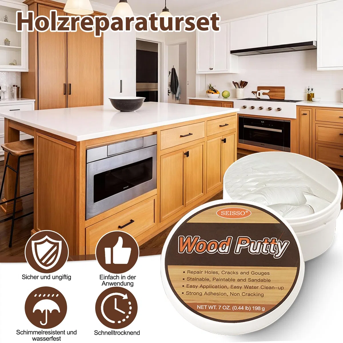 SEISSO Holzkitt Reparaturset, weiß 200g, zum Verschließen von Löchern, Rissen, Parkett Reparaturset
