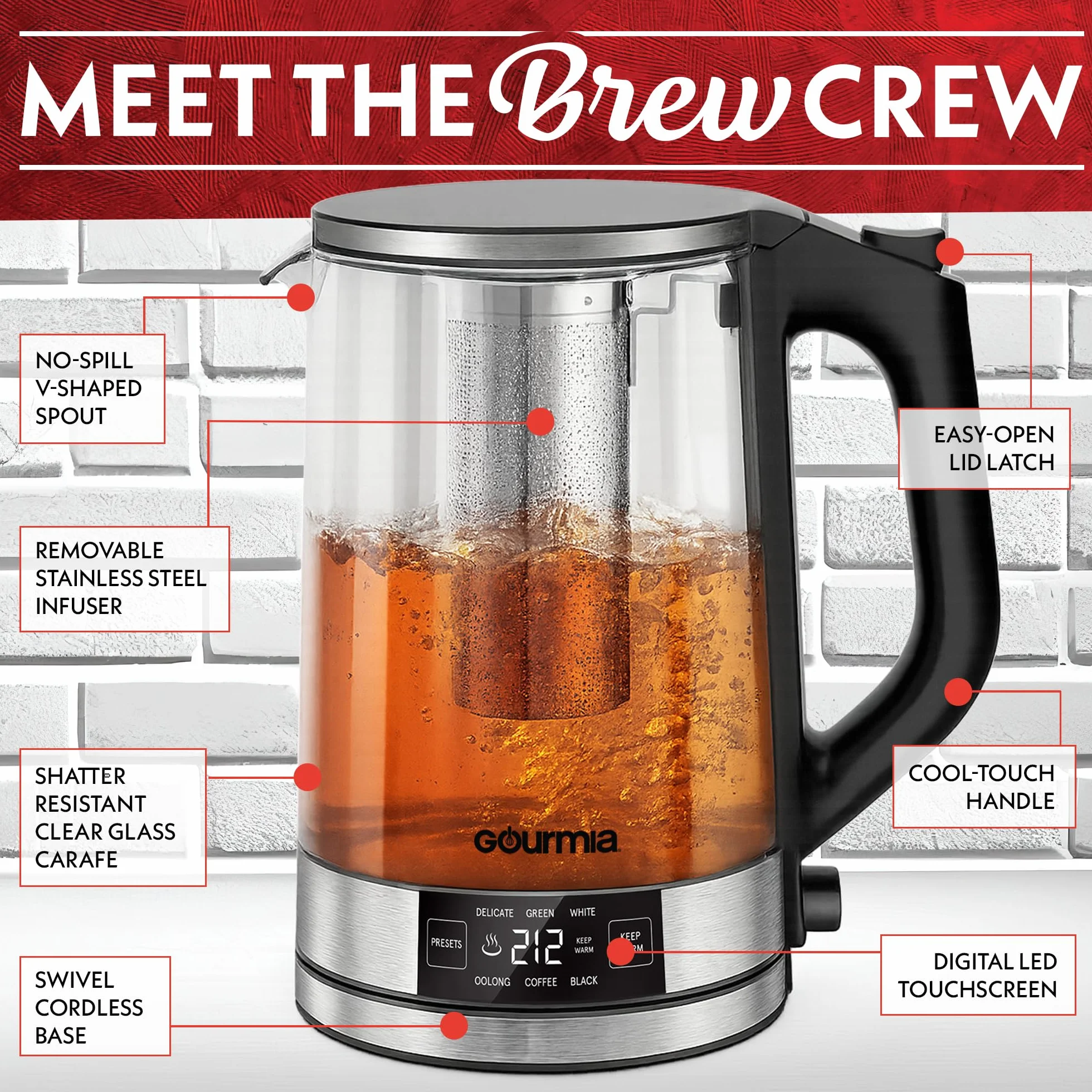 Programmable Digital Glass Kettle – 1.7L Adjustable Temperature Electric Kettle with 6 Presets, Keep Warm, Stainless Steel Tea Infuser, 360° Swivel Base, Black