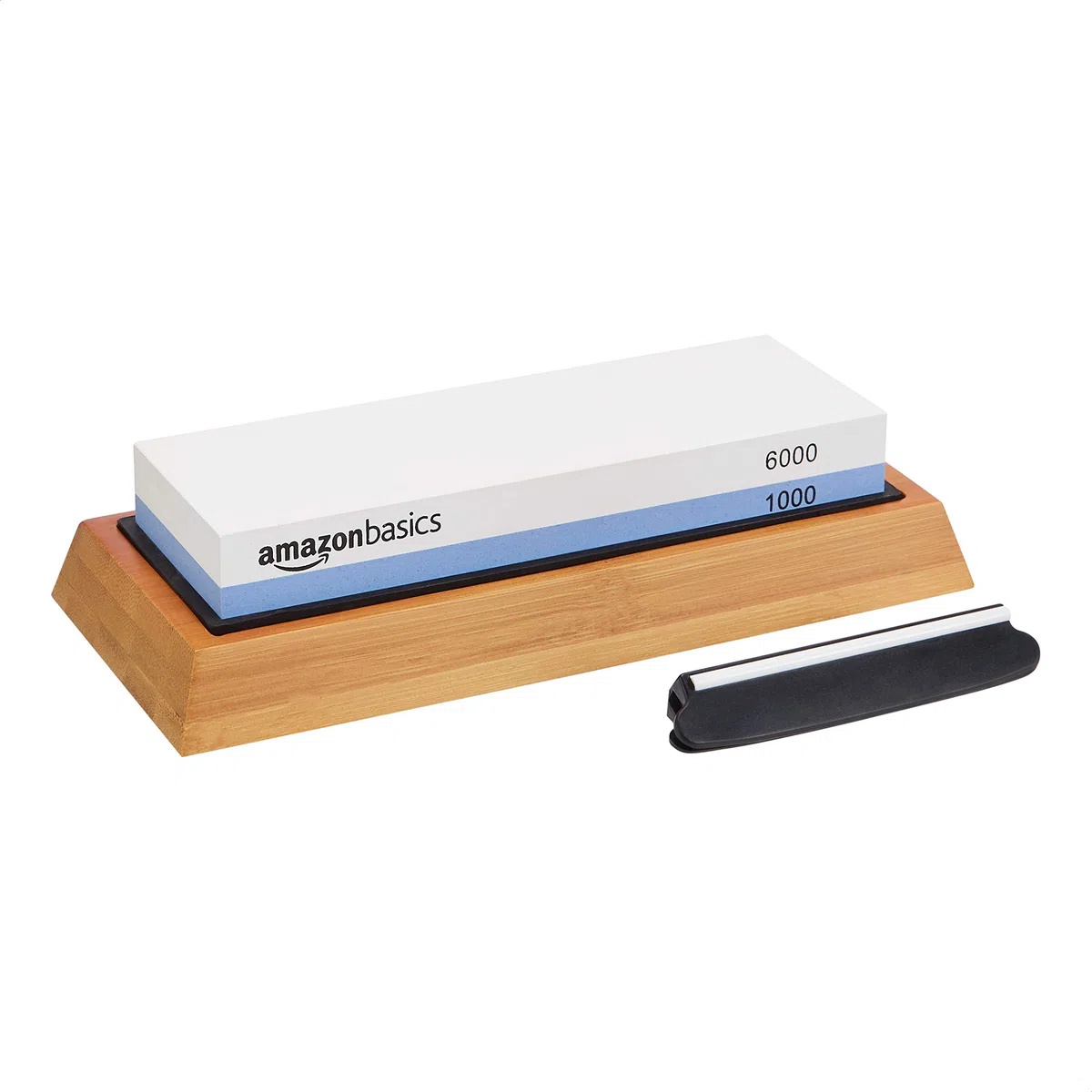 Amazon Basics Messerschärfstein, doppelseitig, Körnung 1000/6000, mit rutschfester Bambusunterseite, Schwarz, Blau und Weiß, 21,34 x 9,14 x 4,57 cm