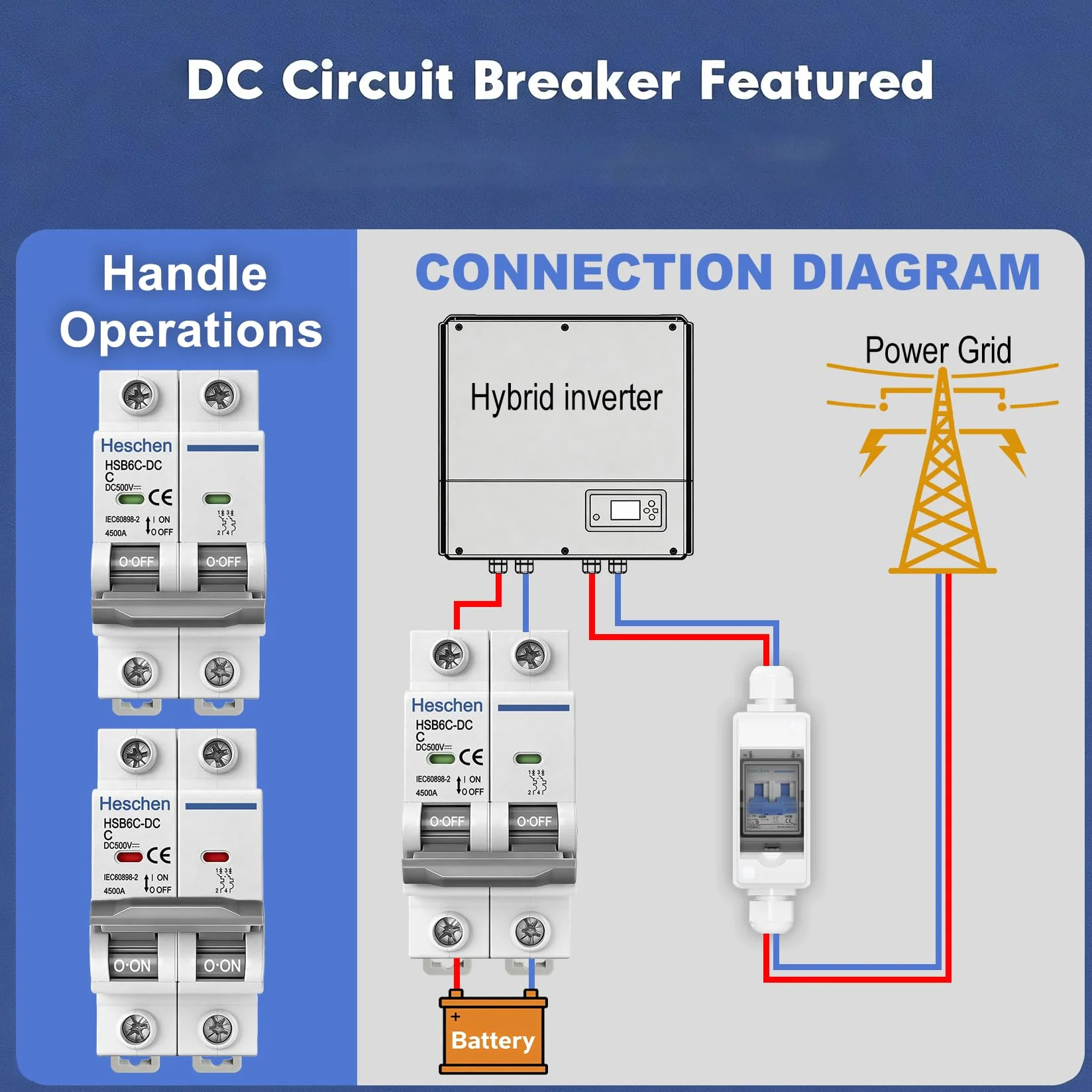 Heschen DC-Leitungsschutzschalter für Photovoltaik, HSB6C-DC, 2-polig, DC 500 V, C 16A, nicht polarisiert, DIN-Schienenmontage, für Solaranlagen