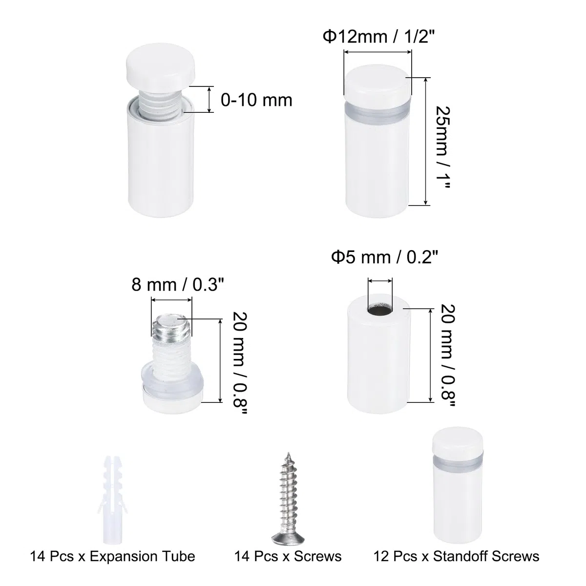 QUARKZMAN 12 Stk. 1/2" x 1" Abstandsschrauben aus Edelstahl Wandhalterung Schild Montage-Hardware-Set mit 14 Stk. Schrauben zum Aufhängen von Acrylglas-Schildern Werbetafeln, Weiß