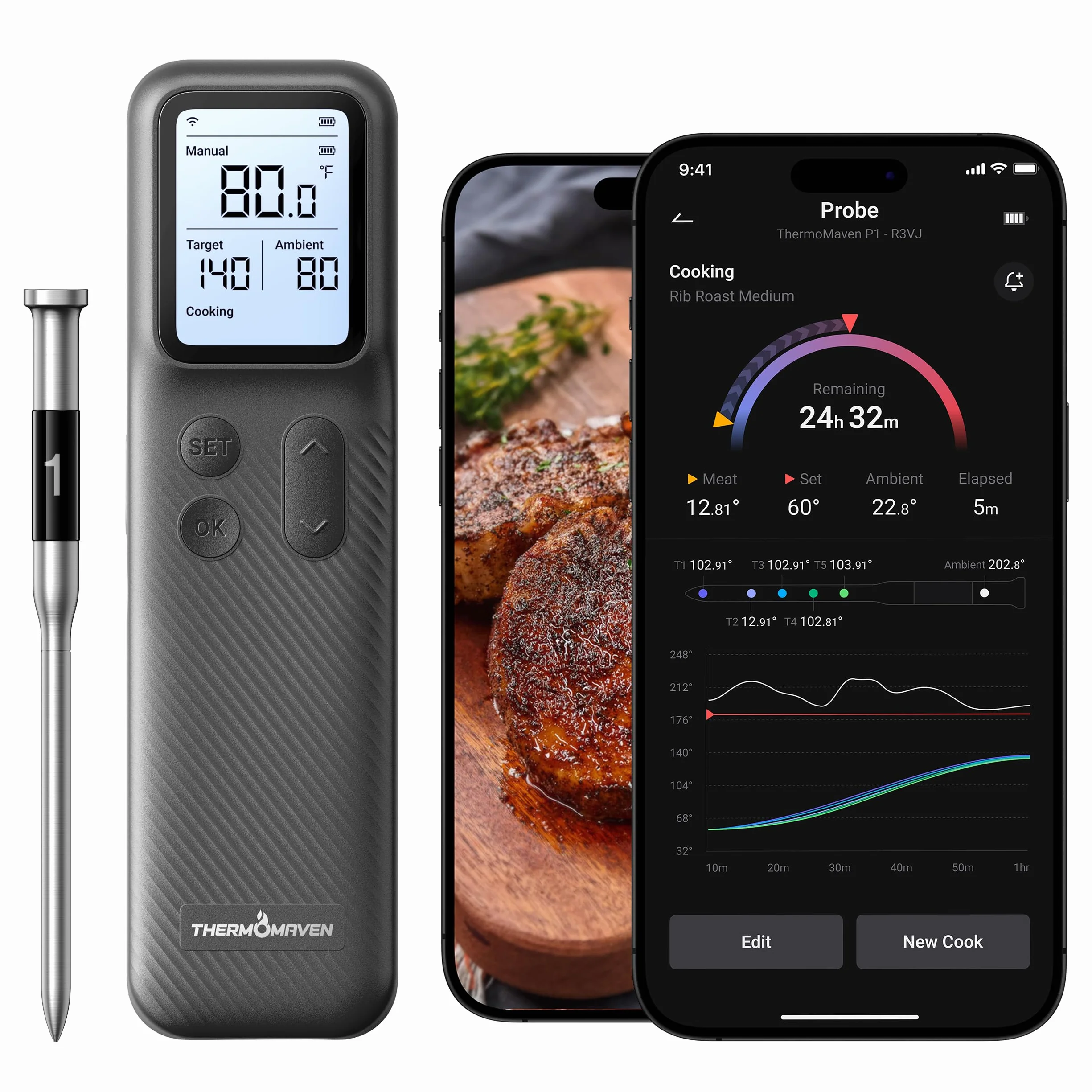Smart Bluetooth Wireless Meat Thermometer with WiFi App | Standalone Base, Ultra-Thin Probe, NIST ±0.5°F Accuracy, Real-Time Alerts, BBQ Grill Oven Kitchen, Steak Chicken Turkey Pork