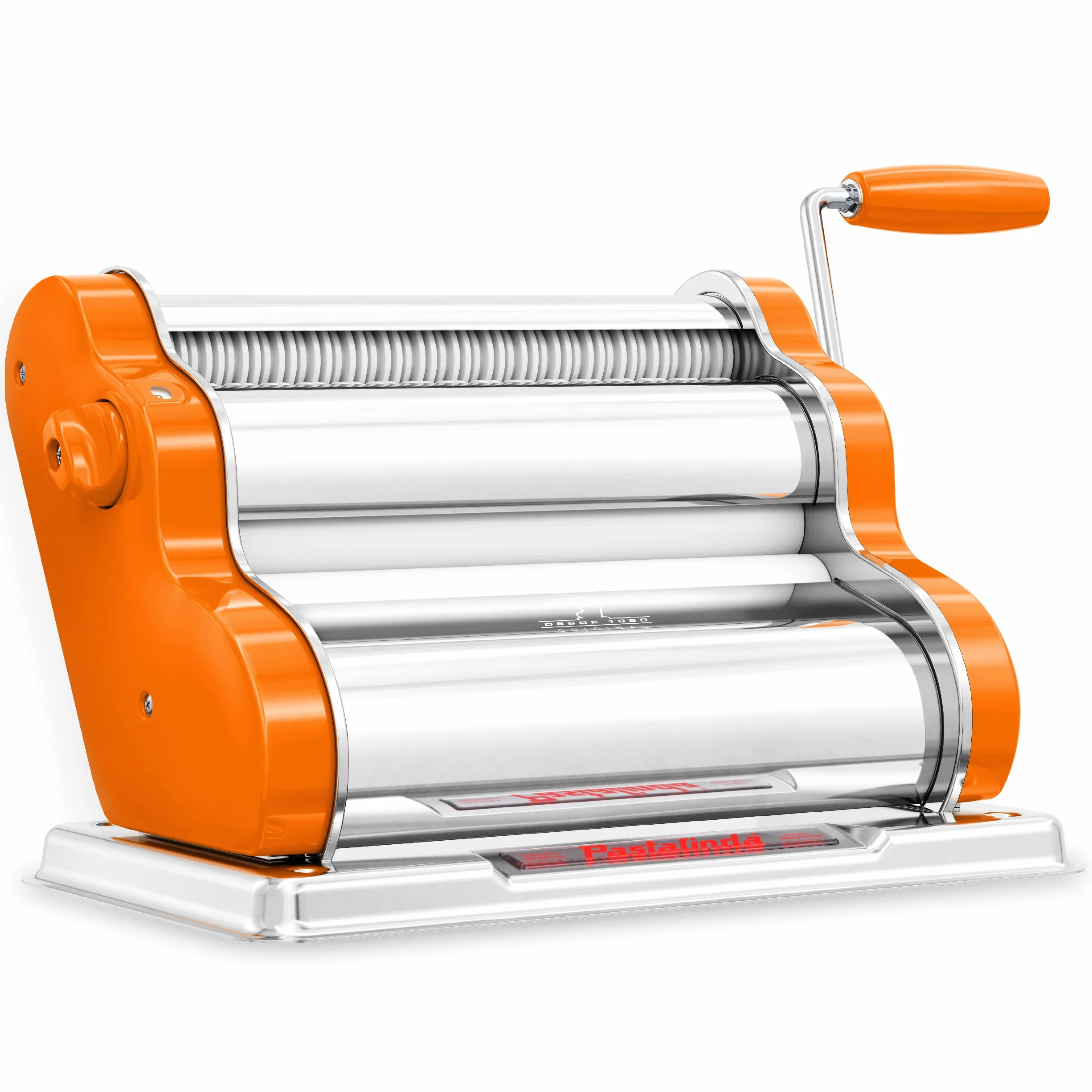 PASTALINDA Classic 260 Pasta Maker Machine, 26 cm Wide Rollers, 9 Thickness Positions, 2 Cutting Positions, Stainless Steel. Includes Reinforced Hand Crank And Two Clamps (Orange)