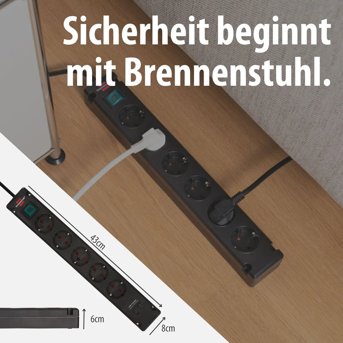 Brennenstuhl Bremounta Steckdosenleiste 6-Fach mit Schalter (Mehrfachsteckdose mit 90 Grad Steckdosen, Steckerleiste mit Befestigungsmöglichkeit und 3m Kabel) schwarz