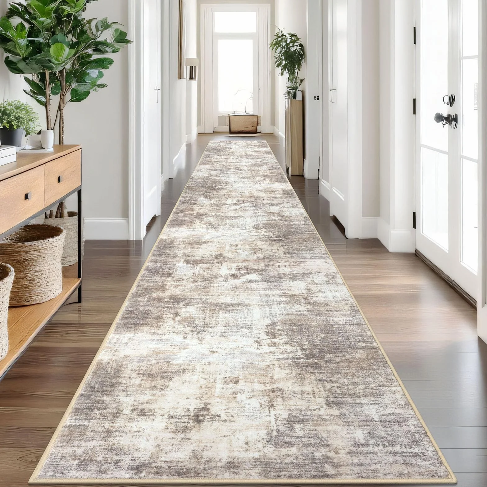 Abstract Runner Rug 3x18 Ft Extra Long Washable Runners for Hallways, Non Slip Kitchen Runner Printed Faux Wool Entryway Runner Indoor, Modern Abstract Floor Carpet for Hall Stair, Beige Brown