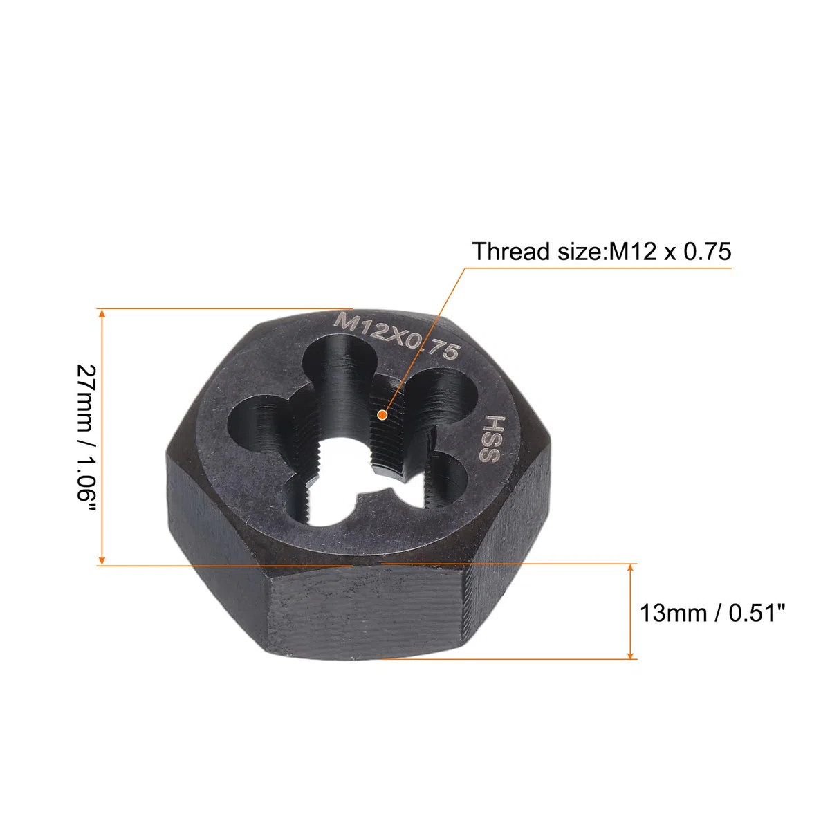 QUARKZMAN Sechskant-Schneideisen M12x0,75, Rechtshänder Gewindeschneideisen, Schwarz