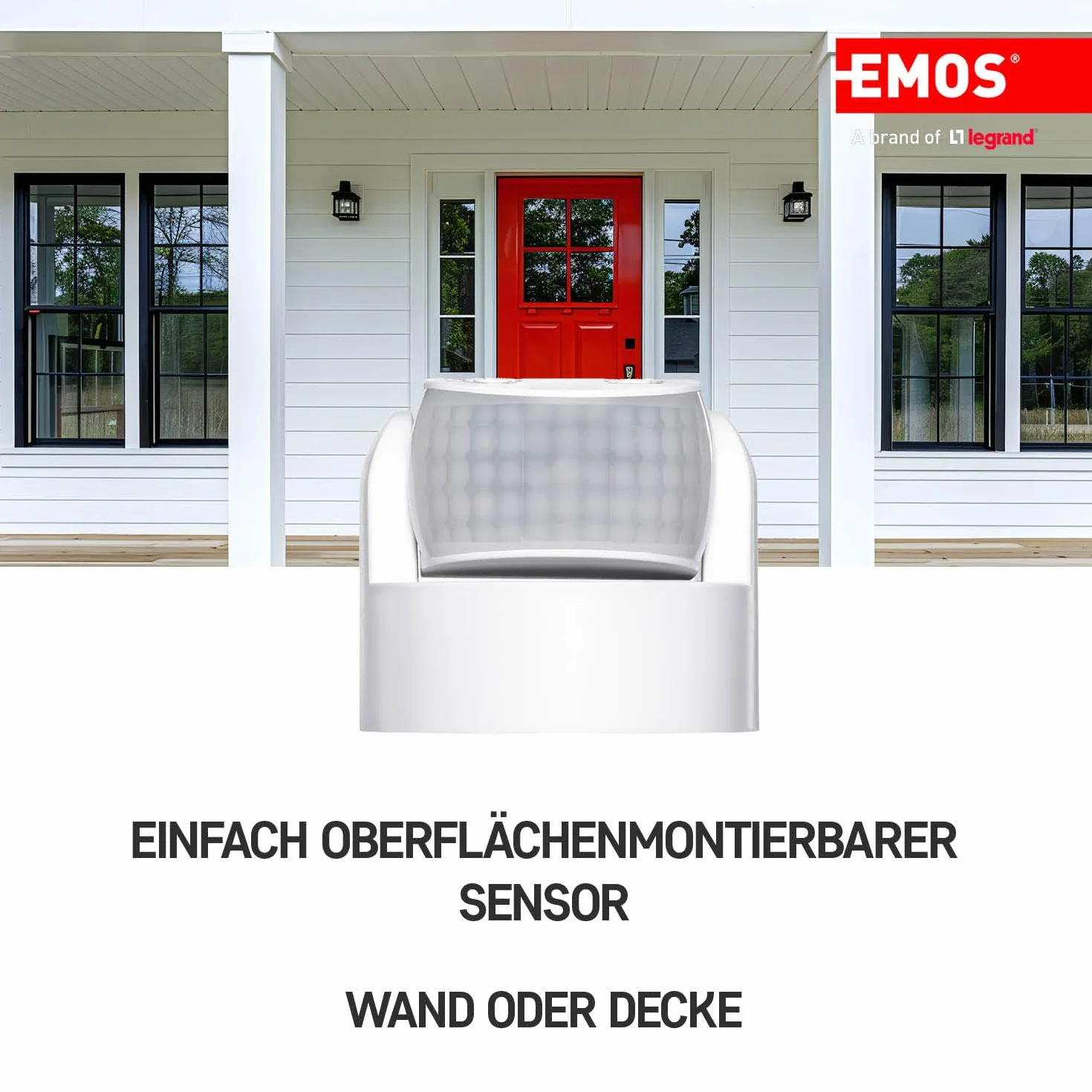 EMOS - Infrarot-Bewegungsmelder wasserdicht - Reichweite 12 m - Empfindlichkeit 3-2000 Lux - Detektionswinkel 180° - Schaltdauer 10 Sek bis 15 Min - 230 V zur Aufputzmontage - für Innen & Außen - weiß