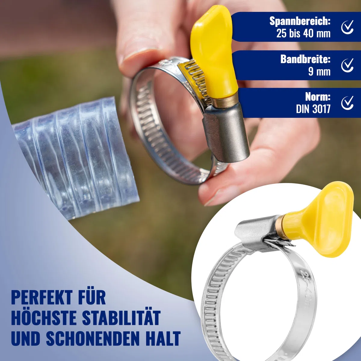 Poppstar 10x Schlauchschellen mit Flügelmutter Edelstahl, Spannbereich 25-40 mm, W2-Qualität, gelb