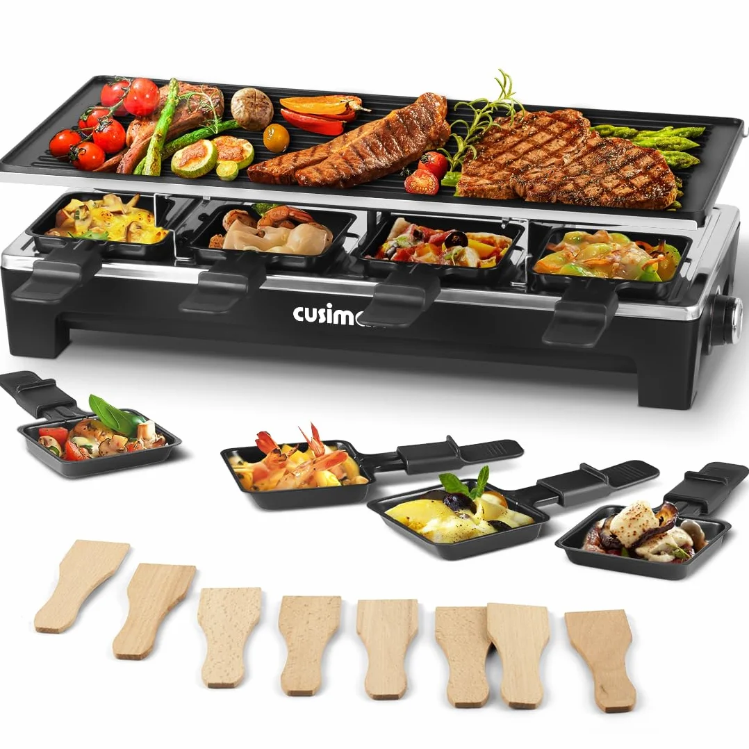 Raclette Table Grill, CUSIMAX Electric Indoor Grill Korean BBQ Grill, Black | 1500W/2 in 1 Reversible Non-stick Plate/Crepe Maker with Adjustable Temperature Control/8 Raclette Pans & Wooden Spatulas