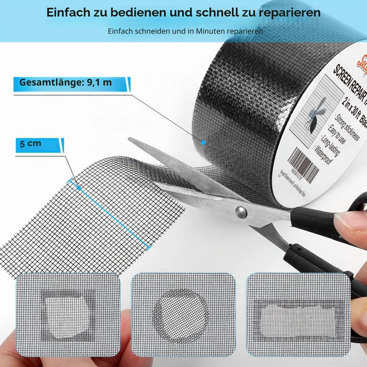 Secopad Fliegengitter Reparatur Klebeband, 5 cm x 9 m Fliegengitter Reparatur Set, Wasserdichtes Netz-Reparaturpflaster, Schwarz