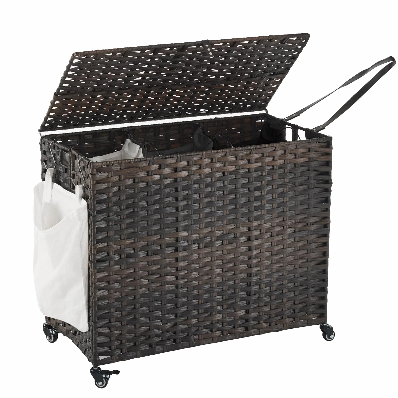 Laundry Hamper with Wheels, 52.8 Gallon(200L) Rolling Laundry Basket with Lid, Removable Large 3 Color Liners & 3 Mesh Laundry Bags, Clothes Hamper with Side Pocket, Brown