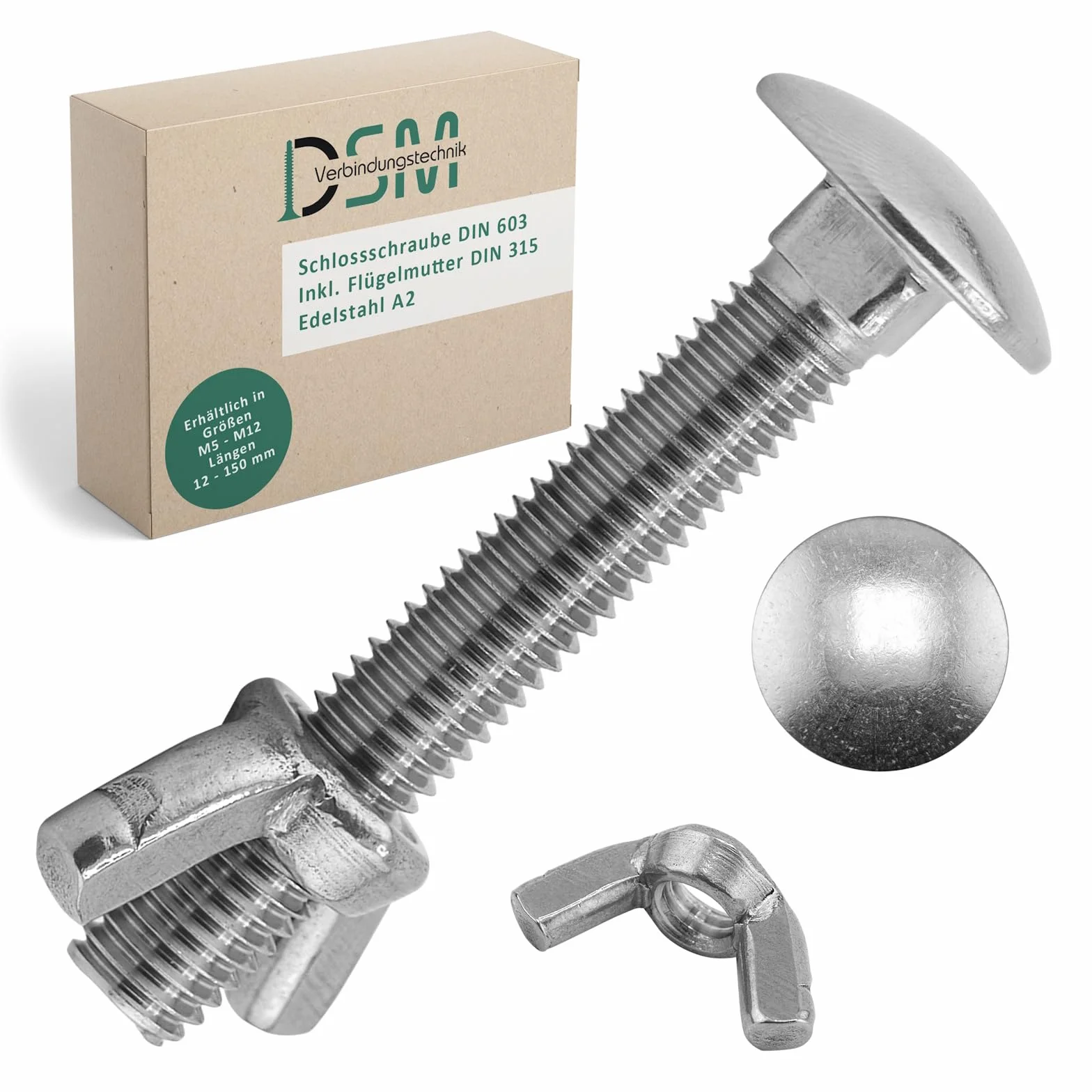 DSM – Schlossschrauben M5 x 90 mm nach DIN 603 – M5 Flügelmutter DIN 315 – Edelstahl A2/V2A – Vollgewinde – Flachrundkopfschrauben mit Vierkantansatz – Schmetterlingsmutter – 10 Stück