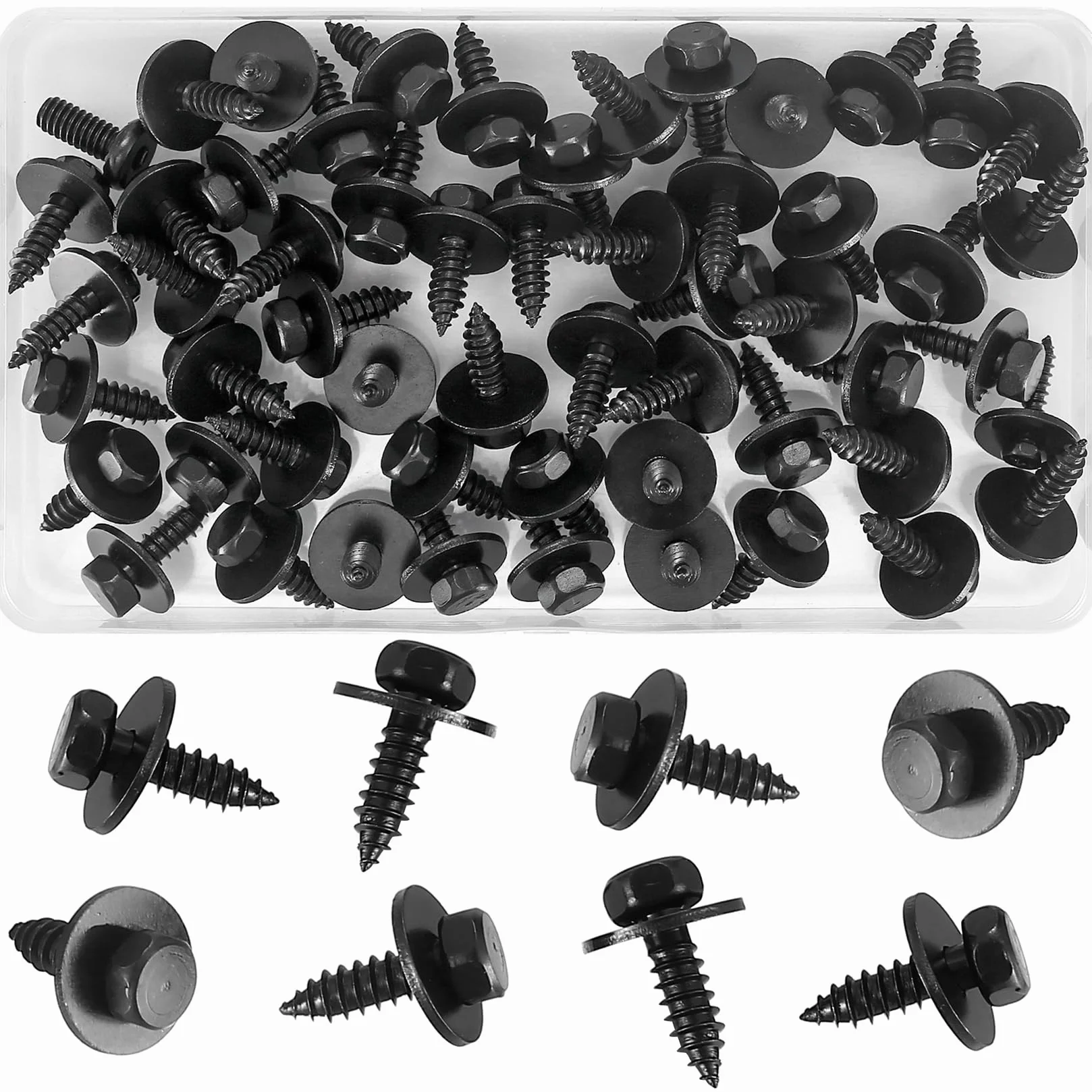 55 Stk Sechskantkopfschraube Blechschrauben mit Dichtung, 5,5-6 mm x 19 mm Selbstbohrende Sechskantschrauben, Selbstschraubende mit Scheiben Schwarz für Auto Karosserie Metall