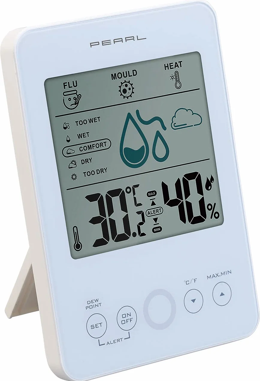 PEARL Hydrometer Digital: Digital-Hygro-/Thermometer mit Schimmel-Alarm & Komfort-Anzeige, weiß (Hygrometer mit Schimmelalarm, Hygrometer Thermometer, Kfz)