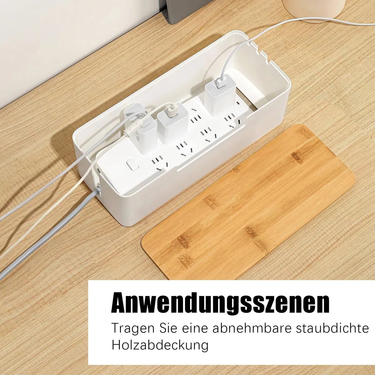 Kabelbox, Cord Organizer Box mit Hölzernem Deckel, 30x13x10cm Kabel Organizer Box Mit Kabelbinder und Kabelhaltern, Cable Management Box, Steckdosenbox, für Verlängerungskabel, Versteckte Kabel, Weiß