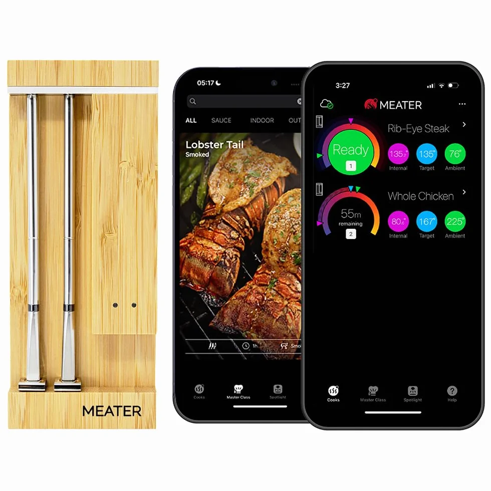 Pro Duo WiFi & Bluetooth Thermometer, 2-Probe, 1000°F, 6 Sensors | 1000°F heat resistance, long range, six sensors. Bamboo charger. For BBQ, oven, grill, smoker, air fryer, deep fryer.