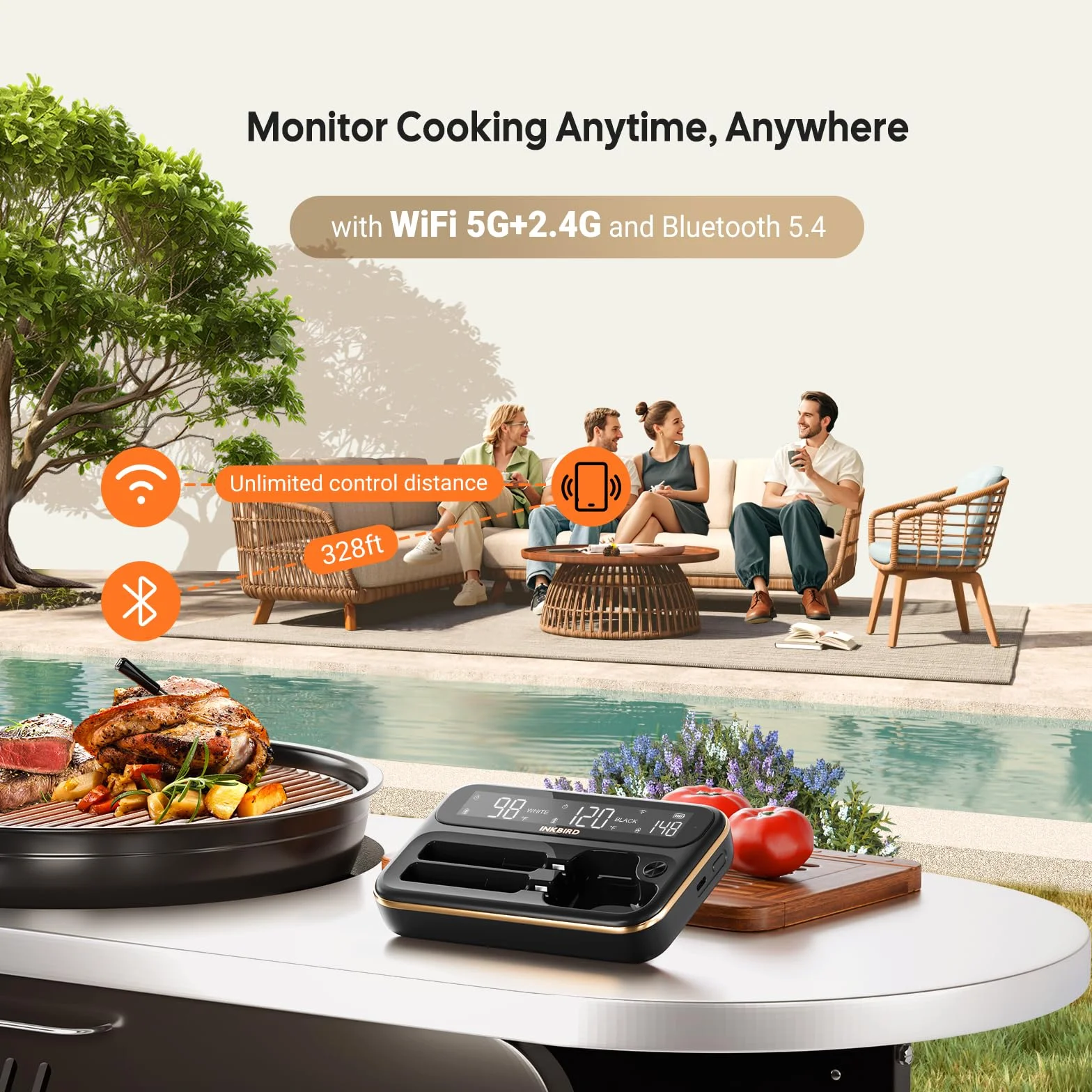 5GHz & 2.4GHz WiFi Wireless Meat Thermometer, WiFi Smart Thermometer with 2 Size-Coded Probes and Unlimited Range,Bluetooth 5.4 Thermometer with 360° Readable LCD-Enhanced Booster