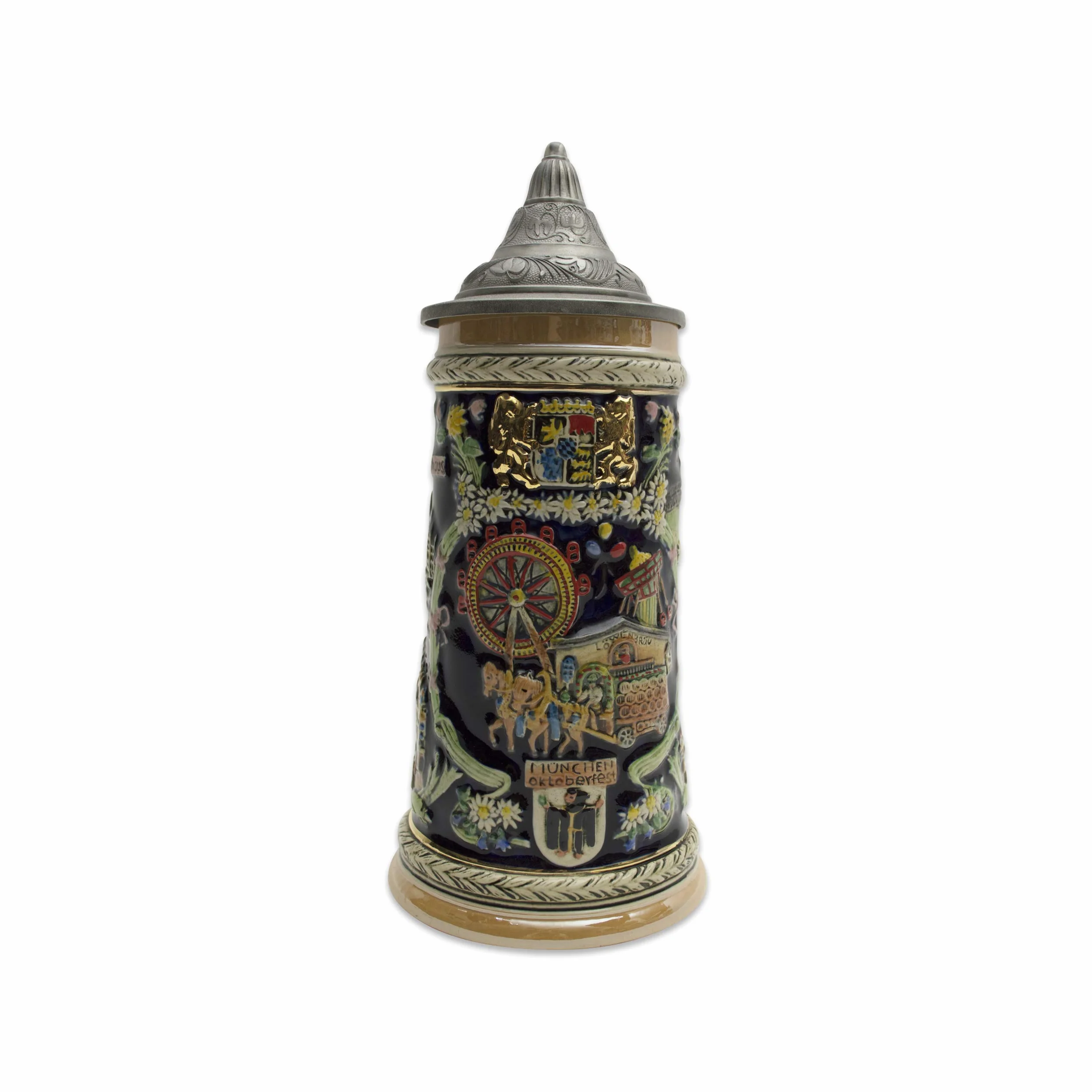 Essence of Europe Gifts 1 Liter | OktoberfestHaus Large Beer Stein Tankard Mug Hand-Painted Engraved Munich Oktoberfest Beer Stein With Metal Lid Beer Mugs for Men