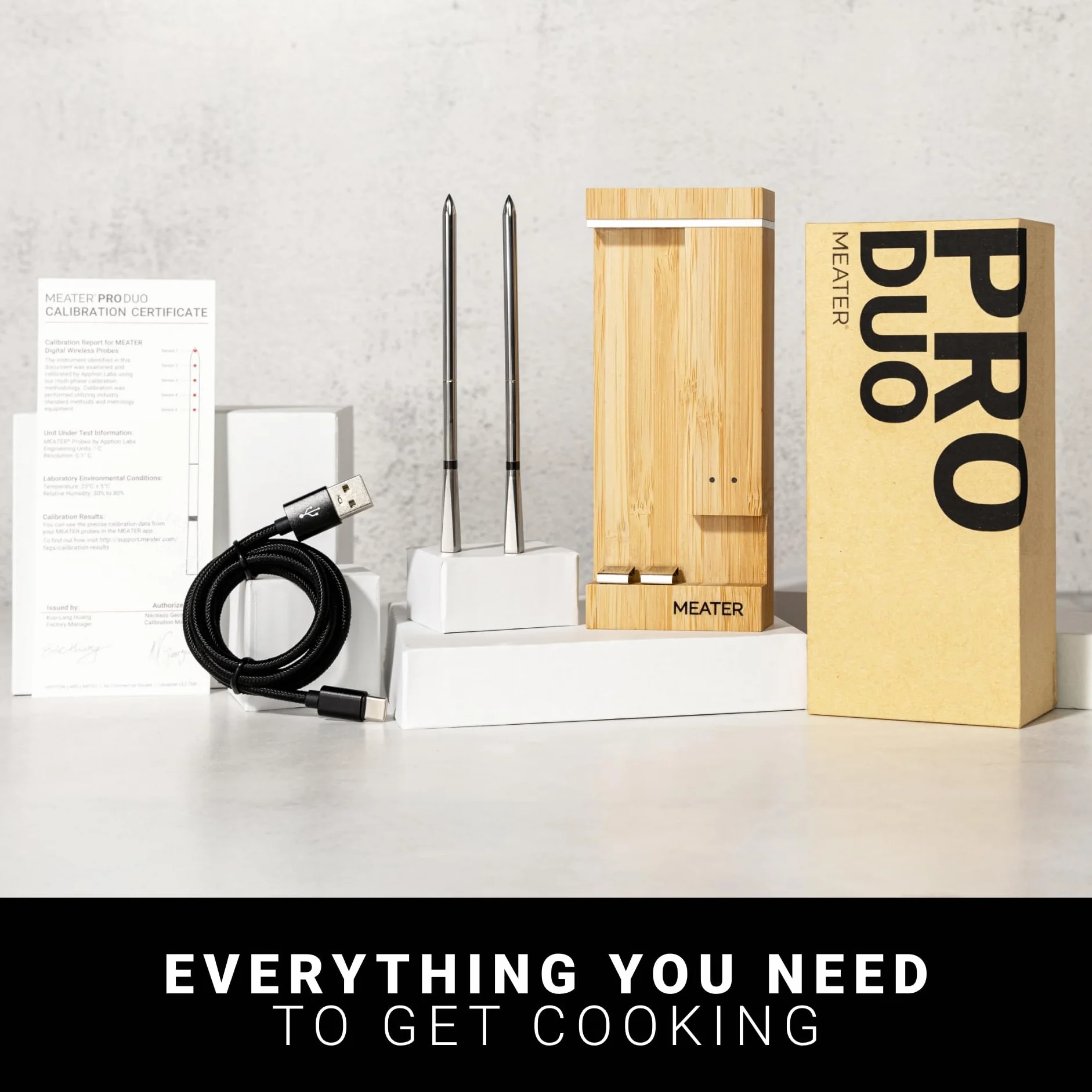 Pro Duo WiFi & Bluetooth Thermometer, 2-Probe, 1000°F, 6 Sensors | 1000°F heat resistance, long range, six sensors. Bamboo charger. For BBQ, oven, grill, smoker, air fryer, deep fryer.