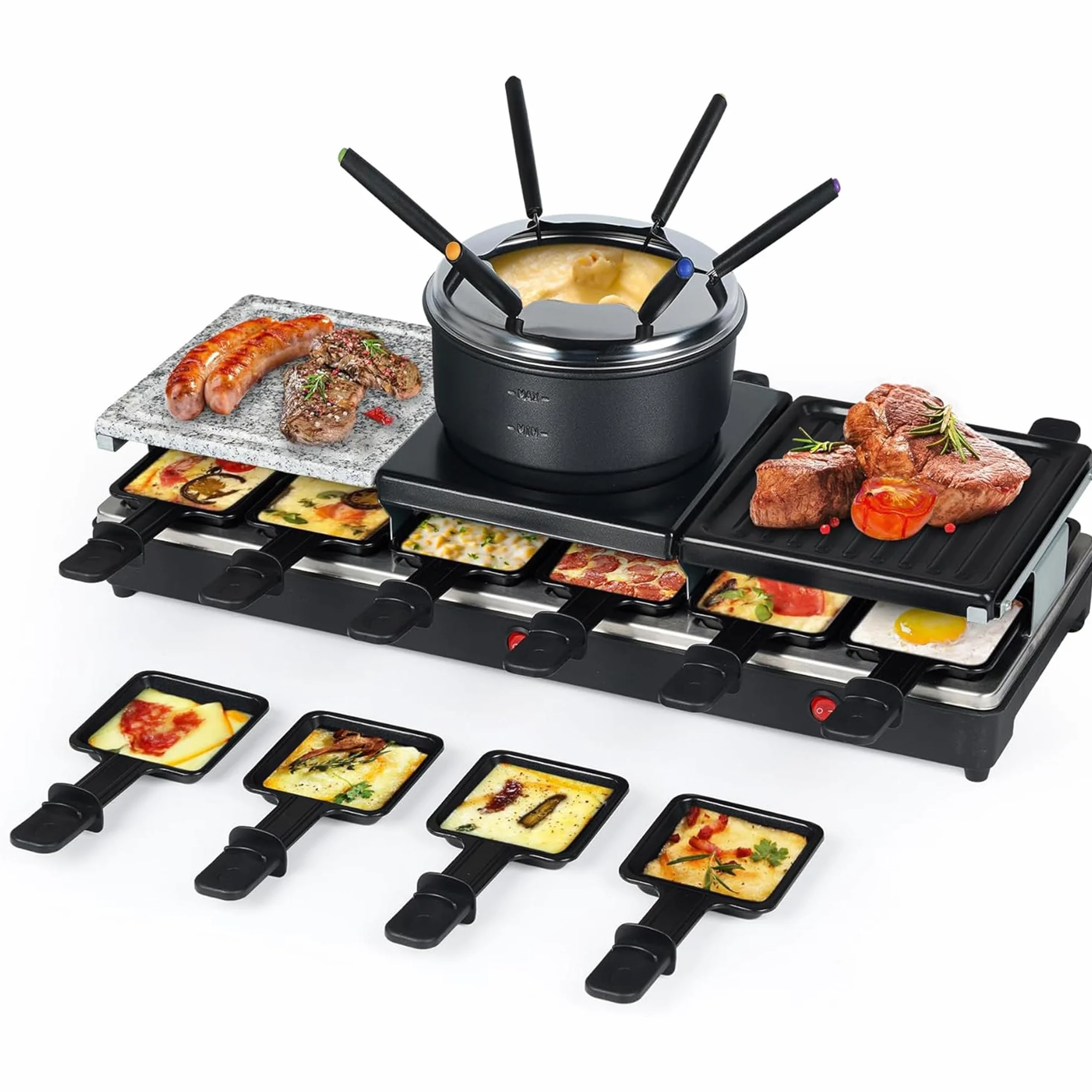 Raclette Table Grill - Indoor Electric Grill Griddle - Nonstick Extra Large Reversible 4-In-1 Outdoor Dishwasher Safe with Cheese 12 Paddles 12 Spatulas for 12 Person, FD-12RN1650