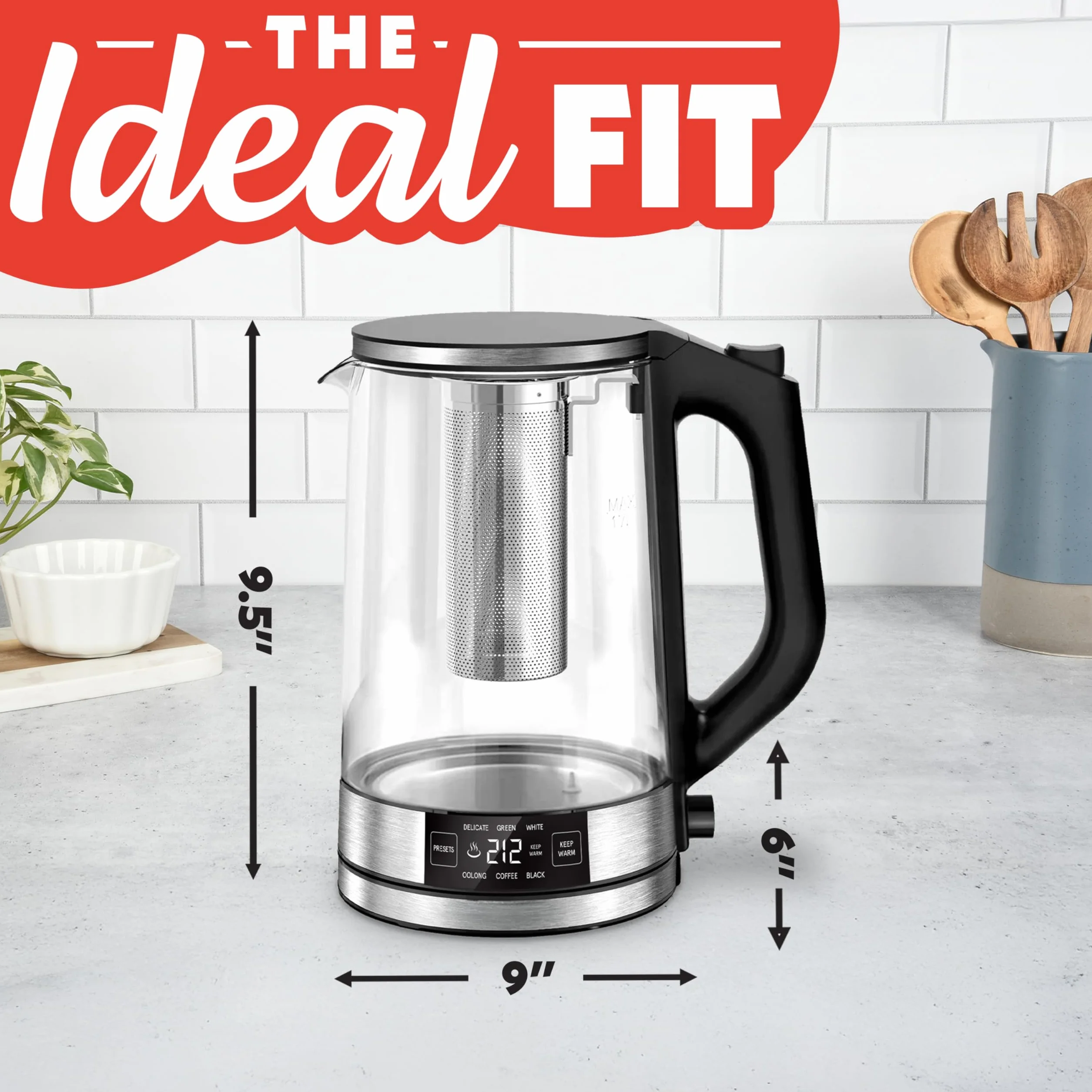 Programmable Digital Glass Kettle – 1.7L Adjustable Temperature Electric Kettle with 6 Presets, Keep Warm, Stainless Steel Tea Infuser, 360° Swivel Base, Black