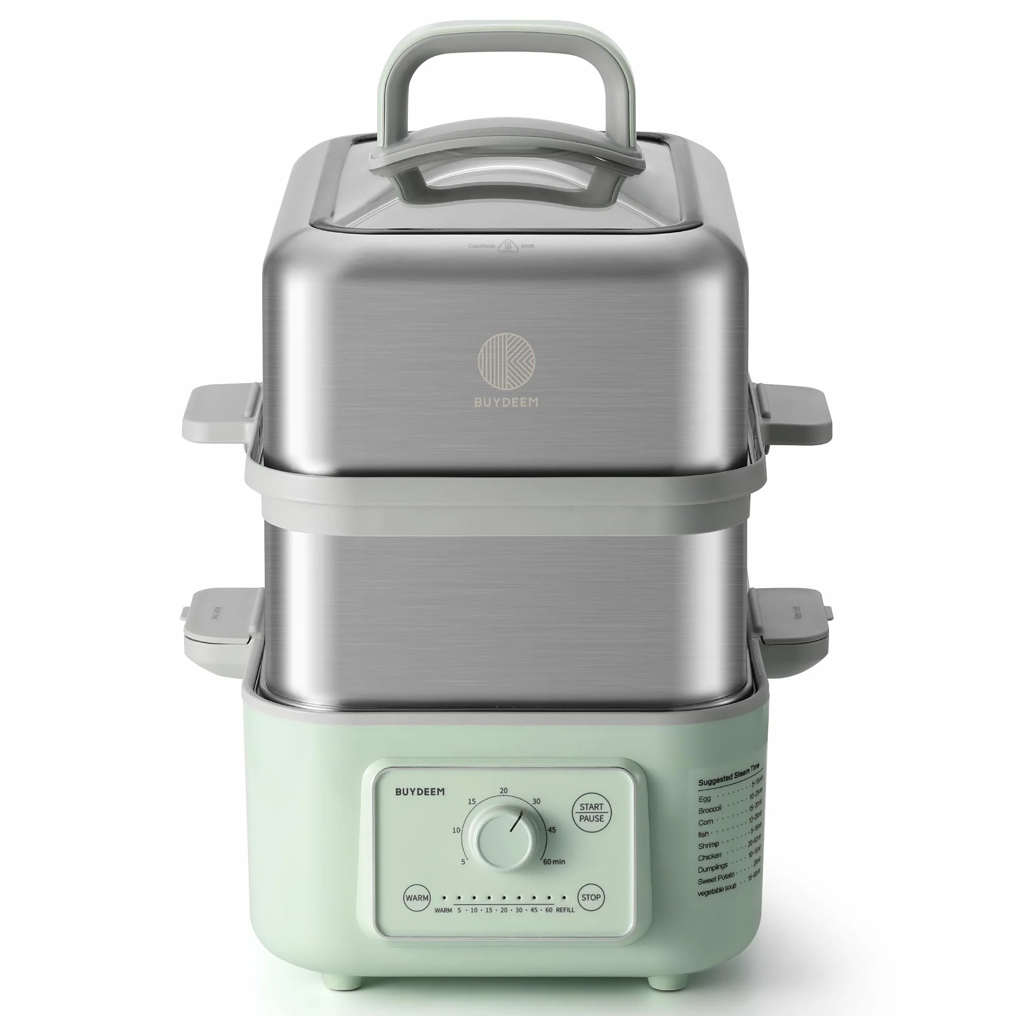 BUYDEEM G52 10.6Qt Electric Food Steamer for Cooking, Cozy Greenish | 1-4 People, 2-hour Keep Warm, 7 Preset Timings, Dual Boil-Dry Protection, Stainless Steel, Glass Lid, 2 Tier