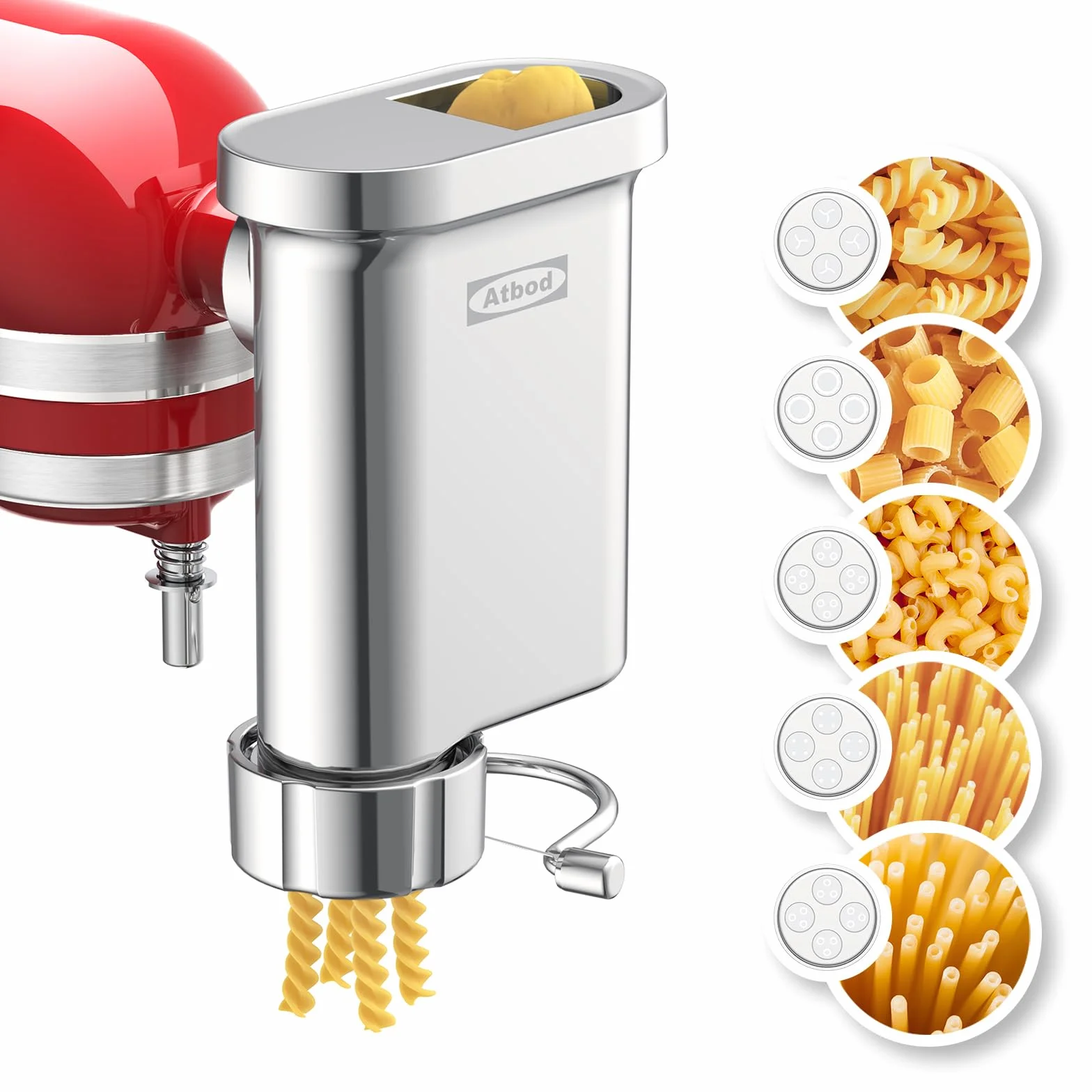 Metal Gourmet Pasta Press Attachment for Kitchenaid Stand Mixer, Pasta Maker Attachment with 5 Interchangeable Plates, Spaghetti Bucatini Fusilli Large/Small Macaroni