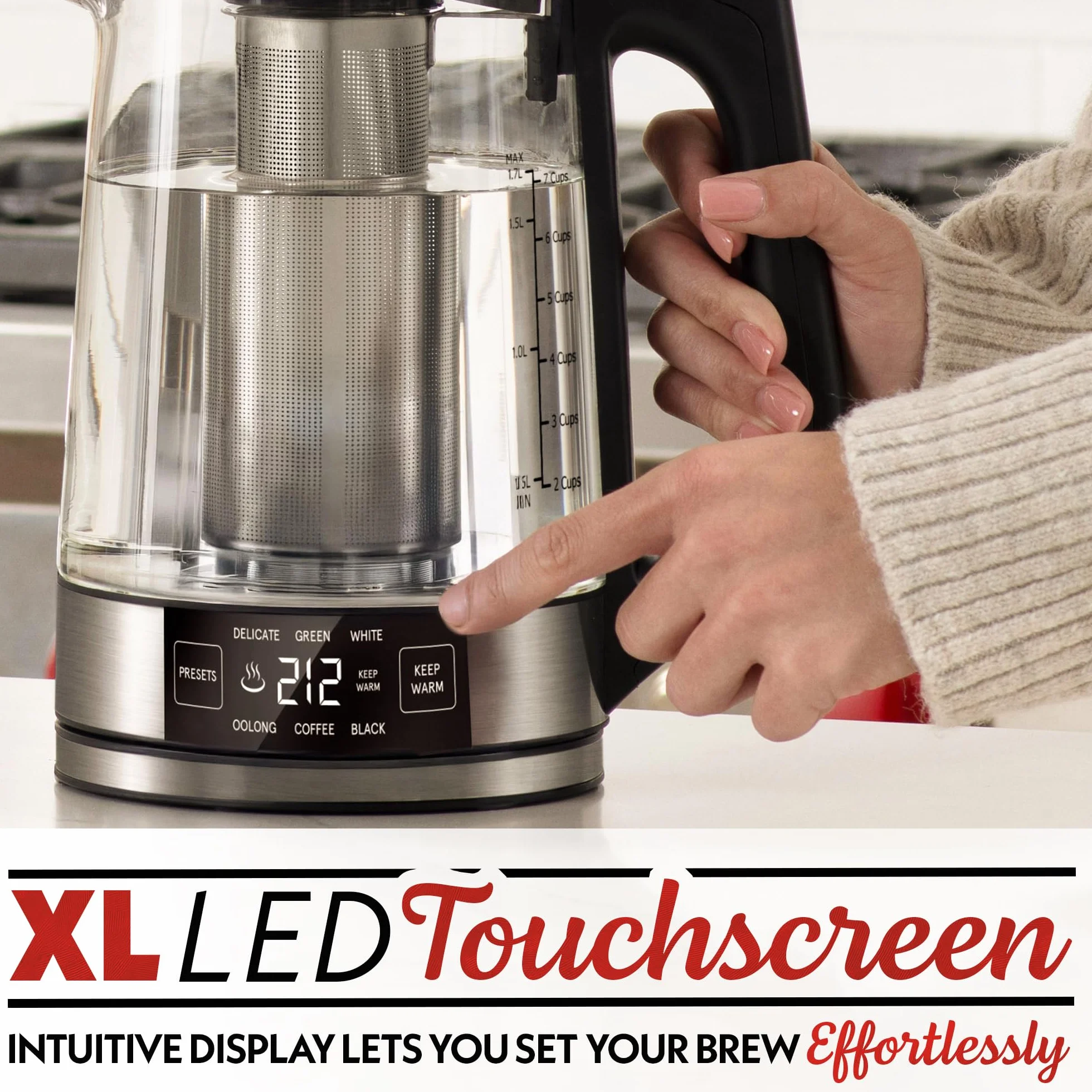 Programmable Digital Glass Kettle – 1.7L Adjustable Temperature Electric Kettle with 6 Presets, Keep Warm, Stainless Steel Tea Infuser, 360° Swivel Base, Black