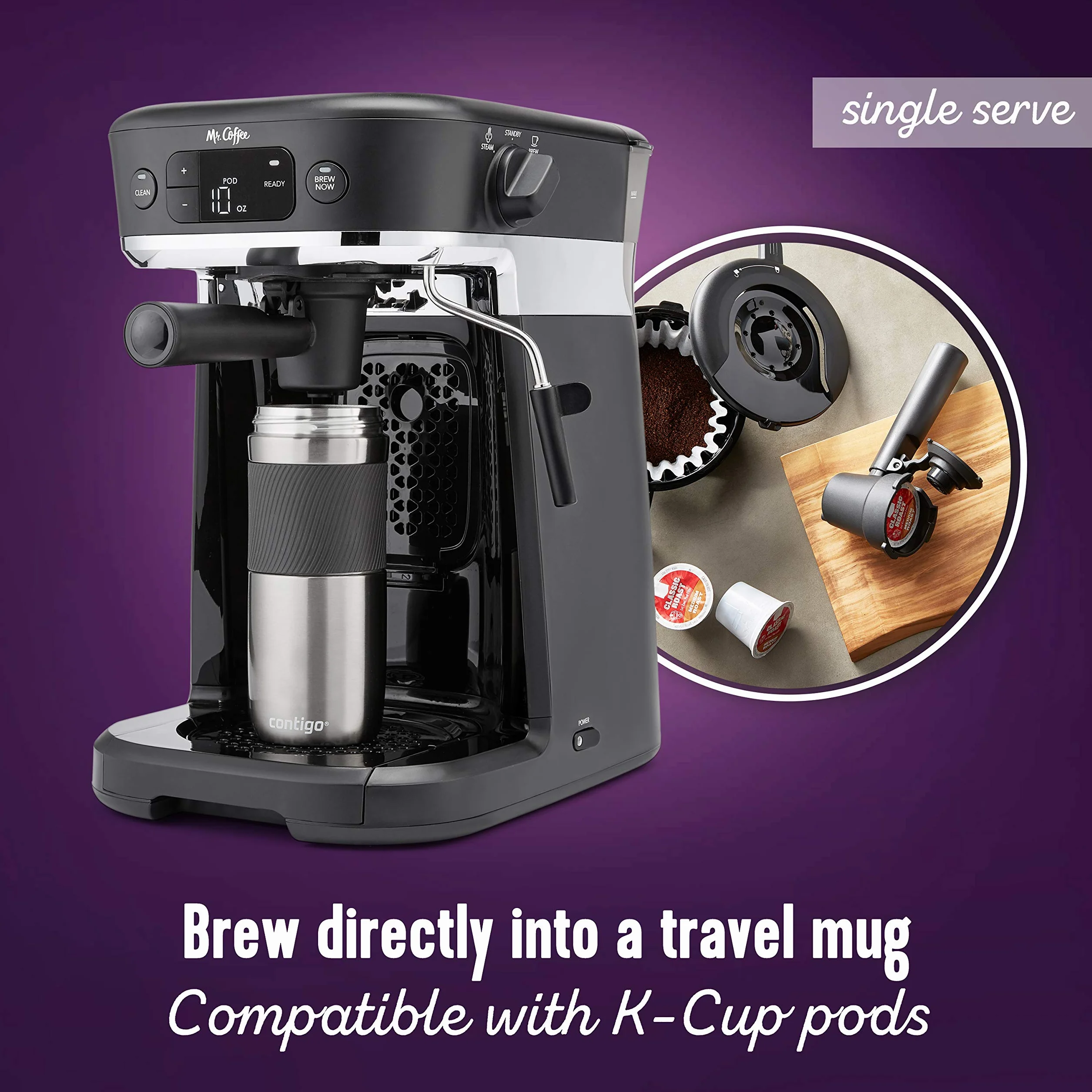 Mr. Coffee All-in-One Occasions Specialty Pods Coffee Maker, 10-Cup Thermal Carafe, and Espresso with Milk Frother and Storage Tray, Black
