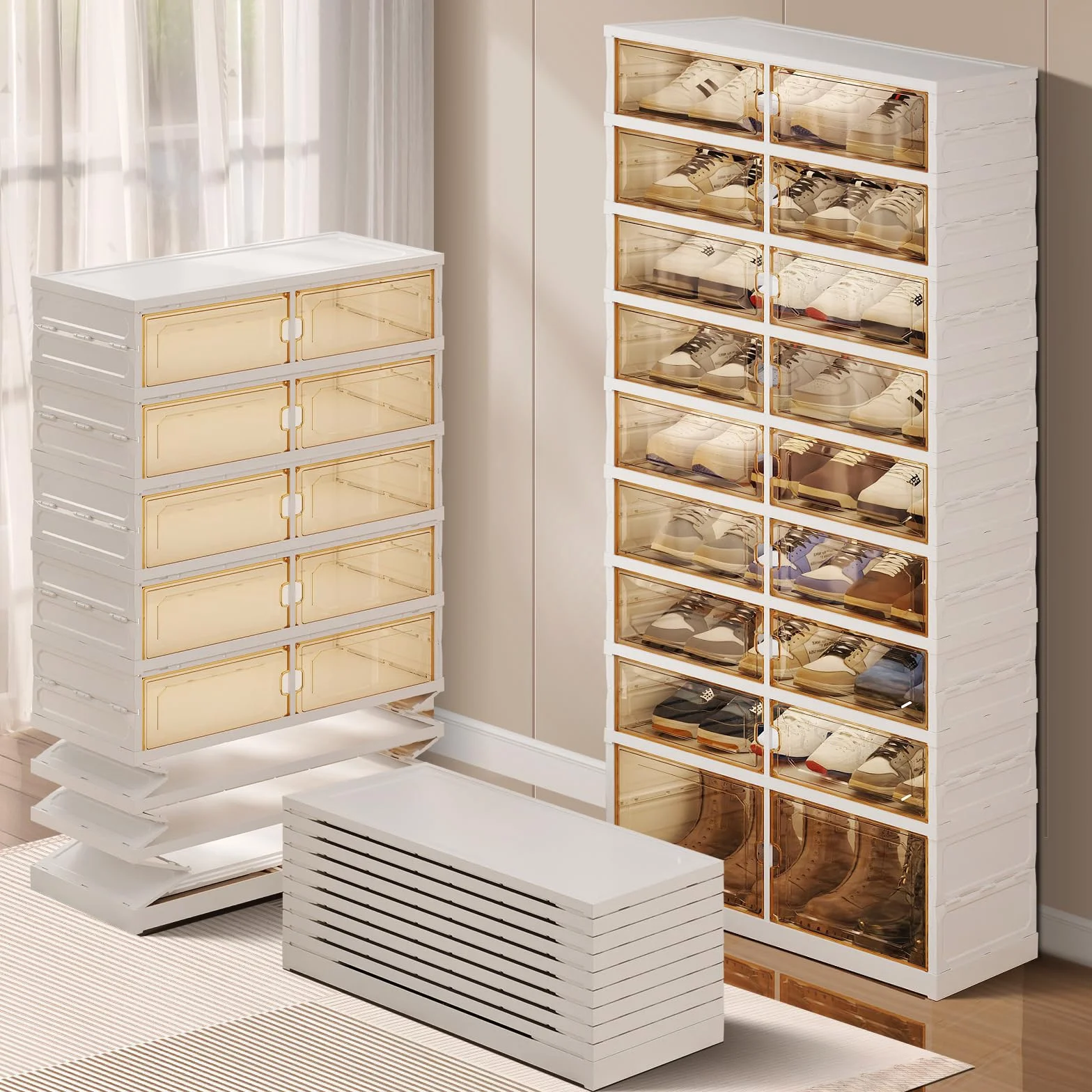 CIMLORD 9-Tier Foldable Shoe Rack Organizer with Wheels, 27 Pairs, White | Collapsible Large Plastic Shoe Cabinet, Fits Boots, Stackable, Clear Doors, Easy Assembly, Closet, Entryway, Living Room